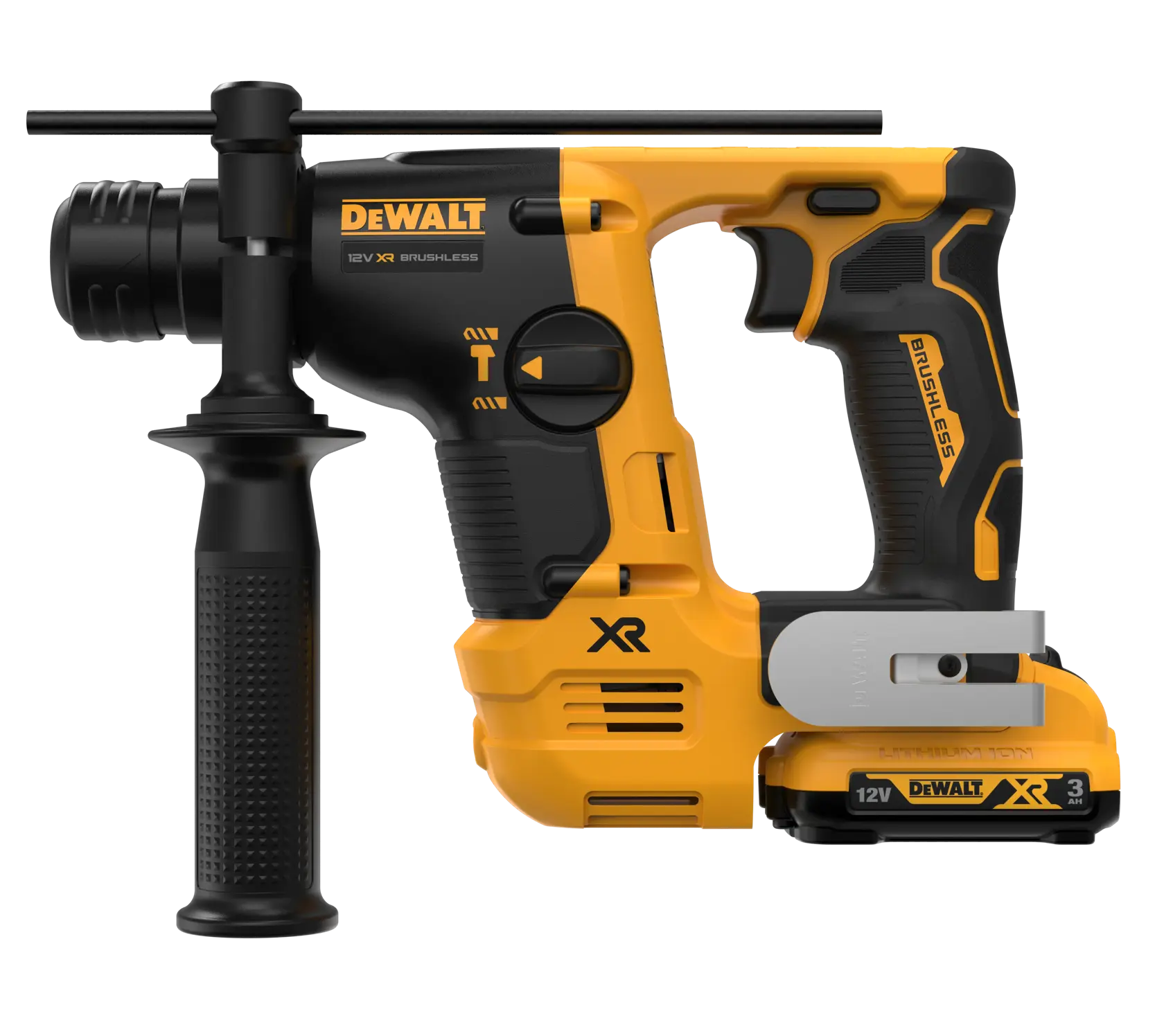 DEWALT cordless rotary hammer drill with a side handle and XR 12V battery, shown in yellow and black.