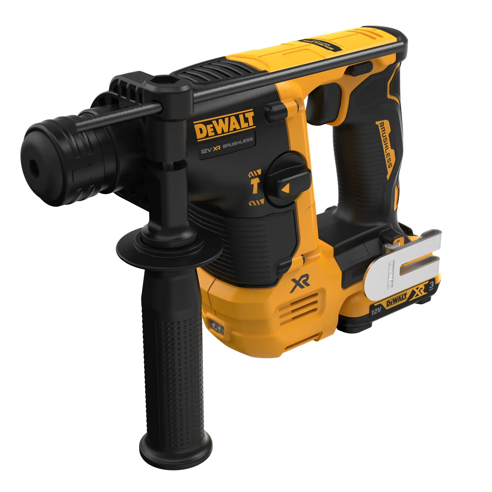 DEWALT 12V brushless cordless rotary hammer drill with side handle and yellow-black body.