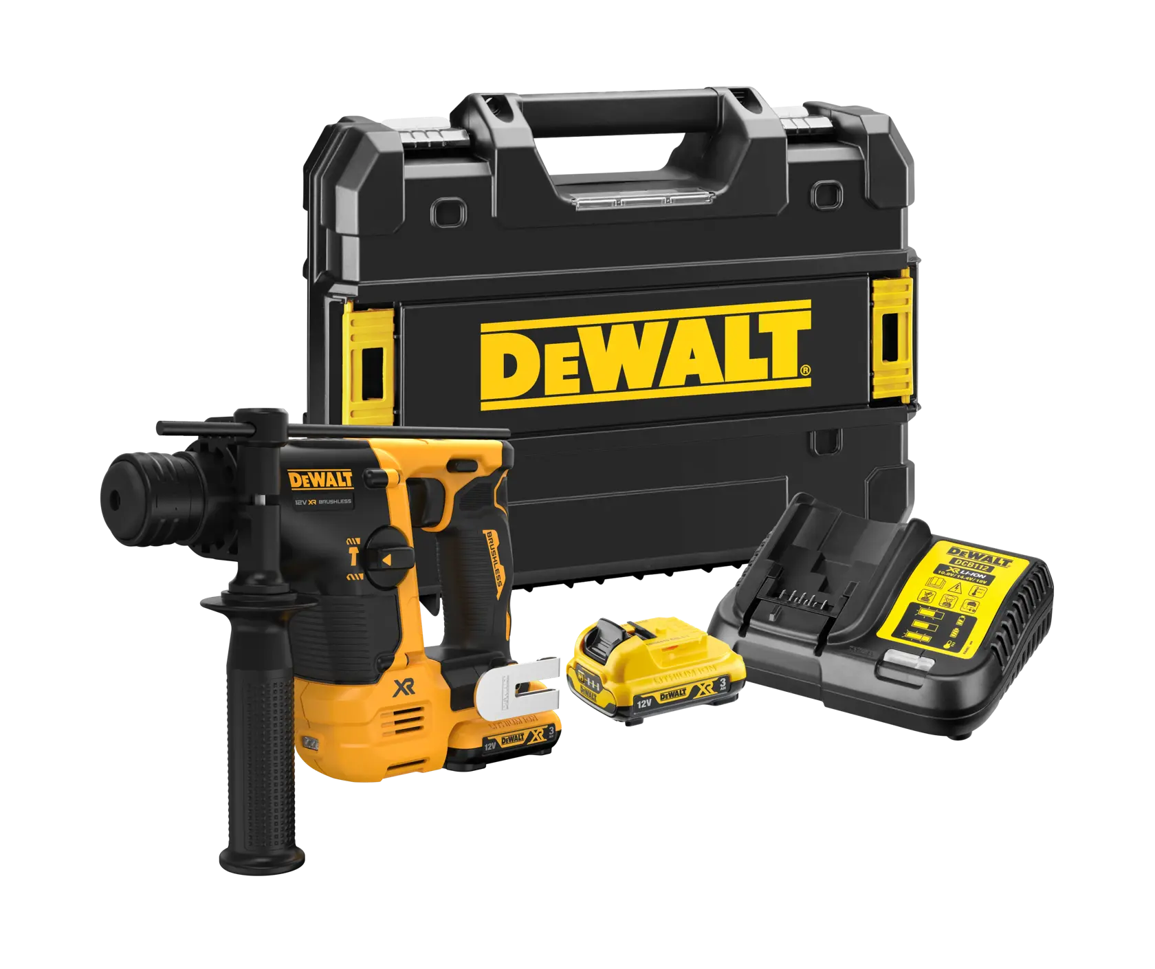 DEWALT cordless rotary hammer drill kit with a black and yellow carrying case, two batteries, and a charging station.