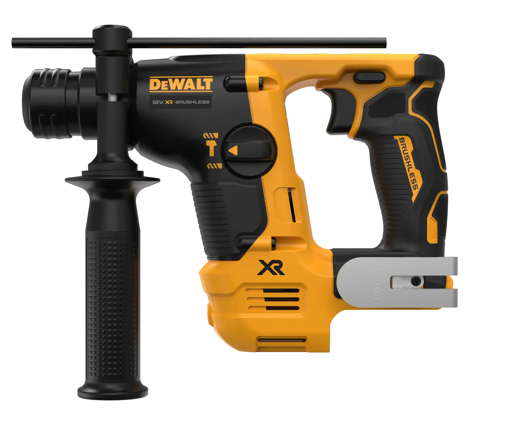 DEWALT hammer drill DCH072NT, DCH072N, DCH072N-XJ. Yellow-black tool with side handle, compact, brushless XR.