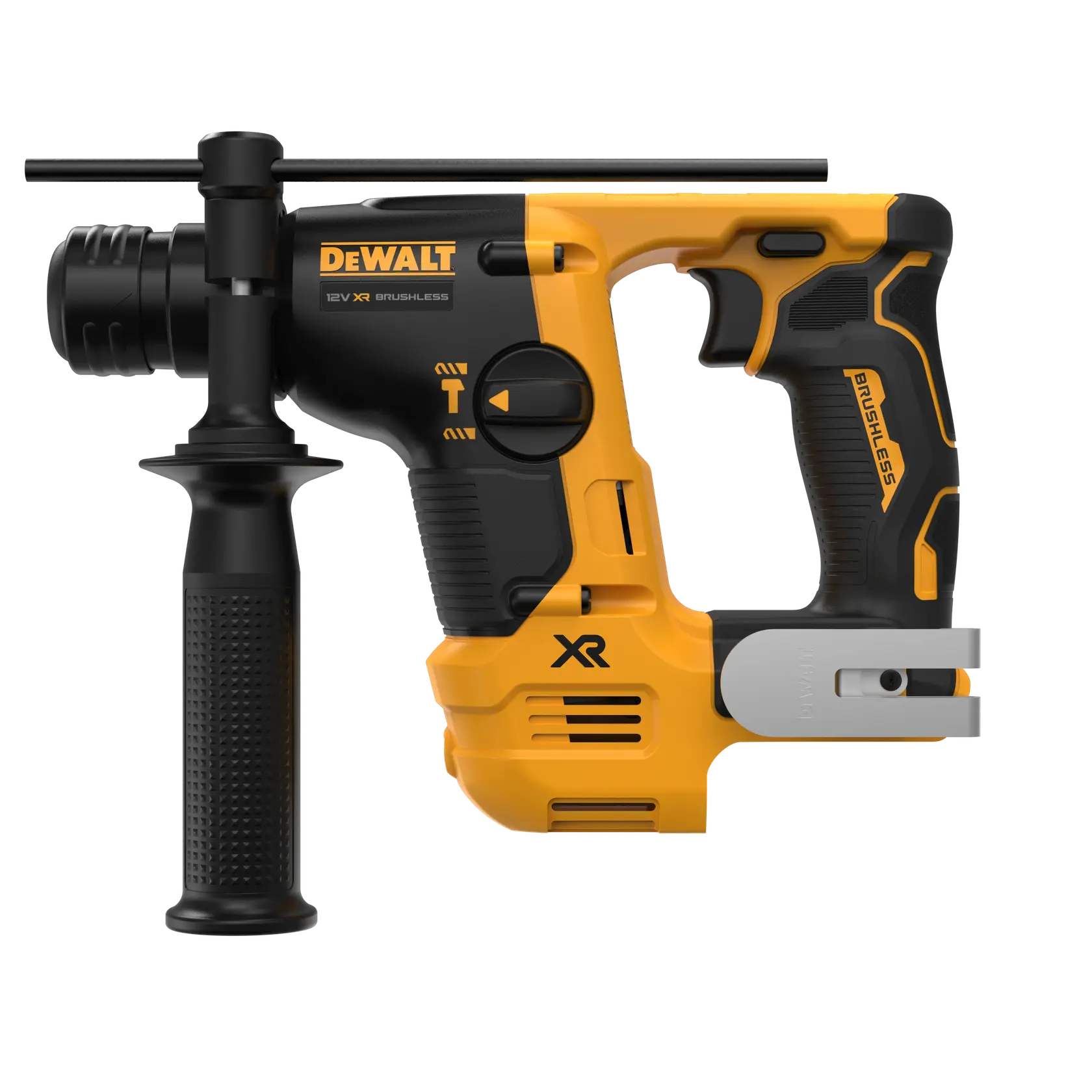 DEWALT rotary hammer. Photography category. SKUs: DCH072NT, DCH072N, DCH072N-XJ. Yellow and black tool.