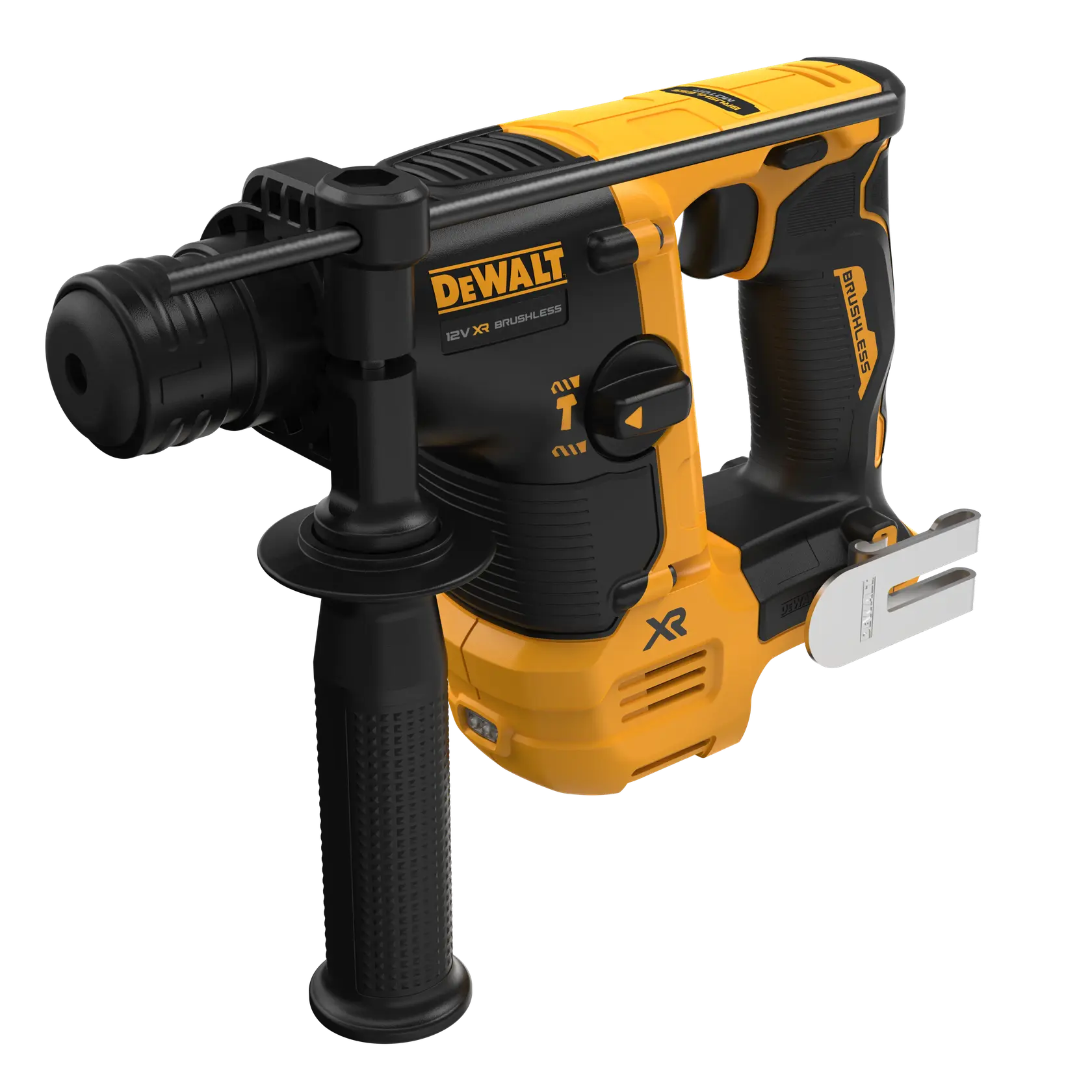 DEWALT rotary hammer, SKUs DCH072NT, DCH072N, DCH072N-XJ. Yellow and black tool for drilling. Photography category.