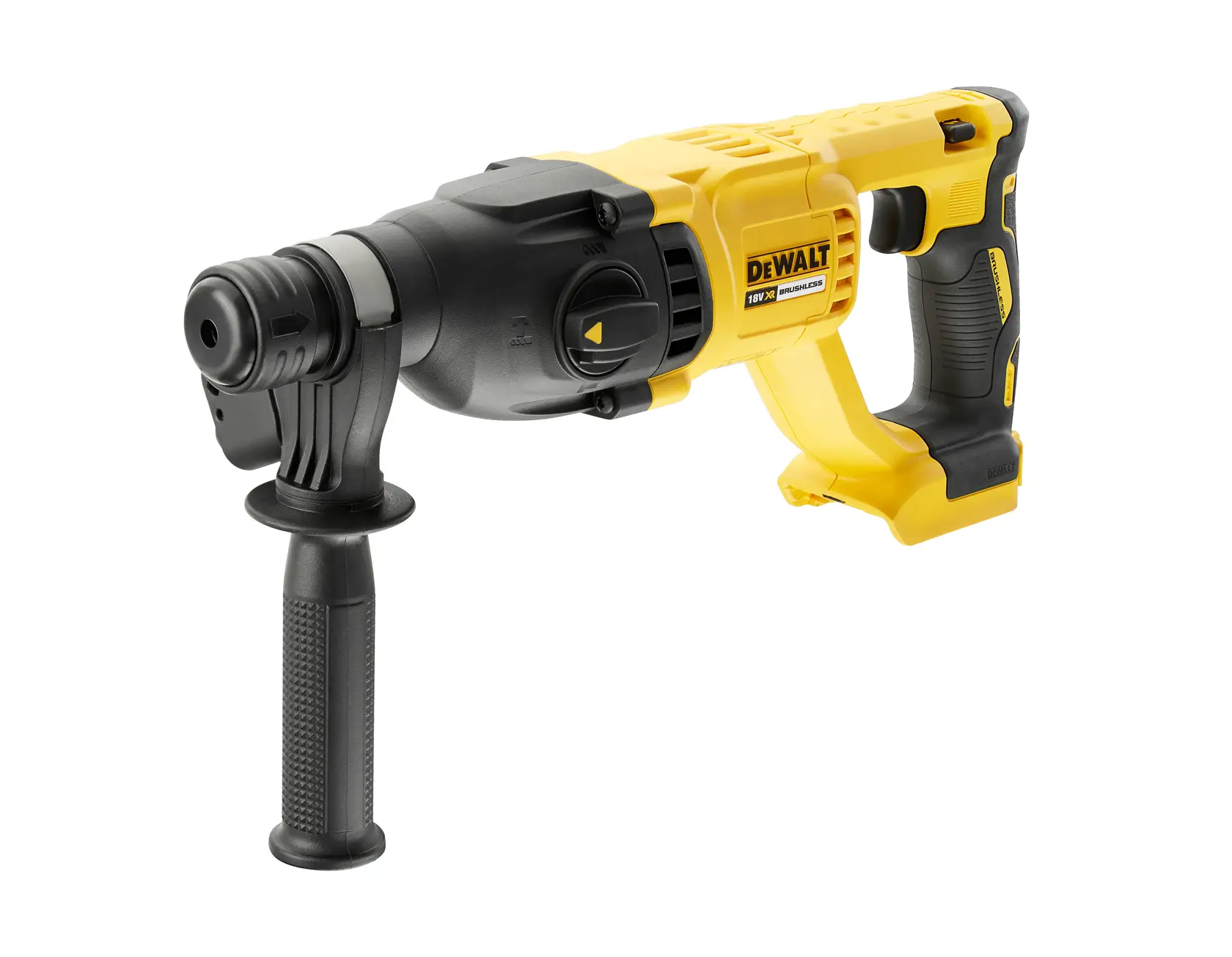 Yellow and black DEWALT cordless rotary hammer drill with side handle, model DCH133N.