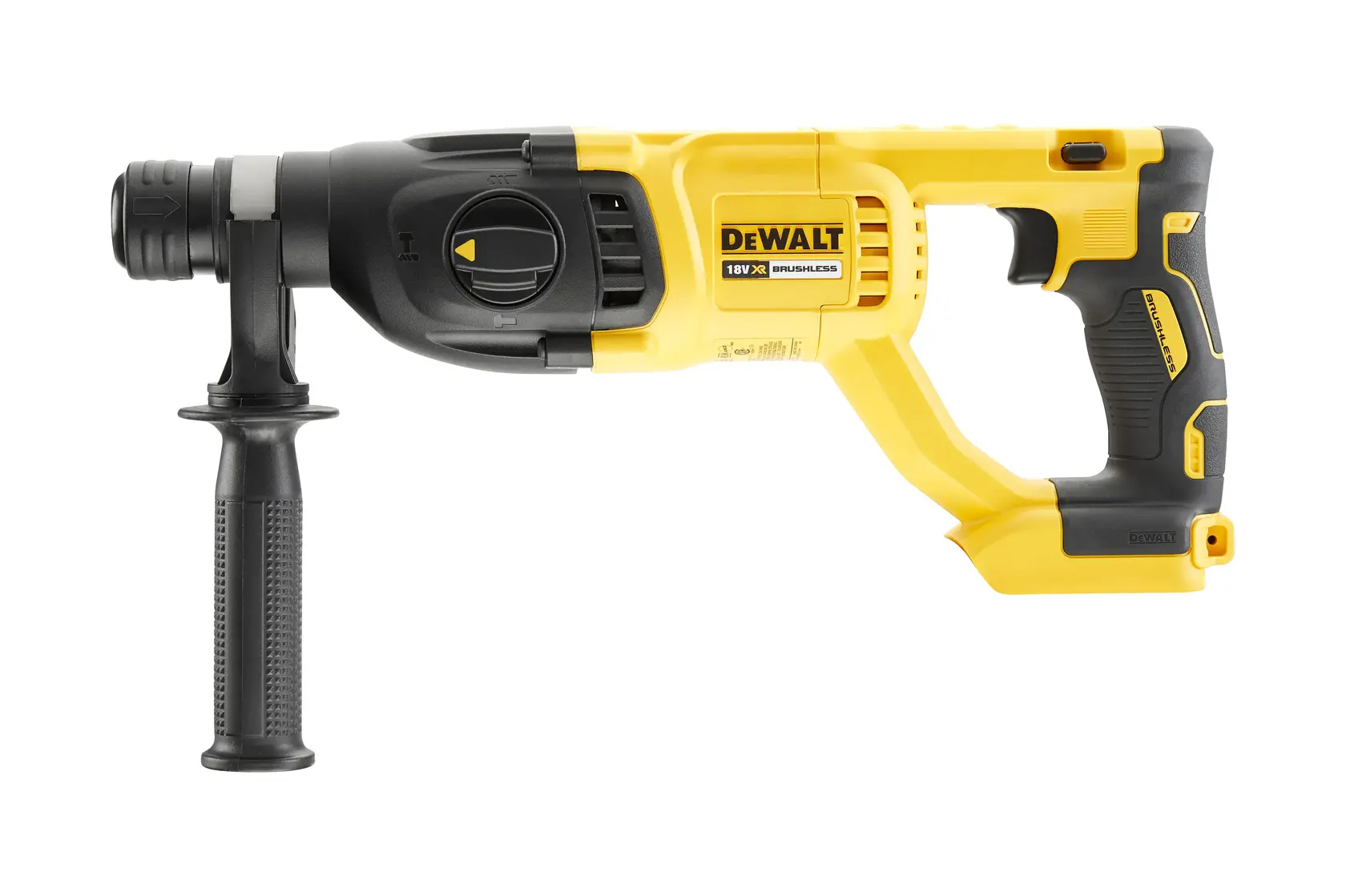 DEWALT yellow cordless rotary hammer drill with black handle, side grip and trigger.