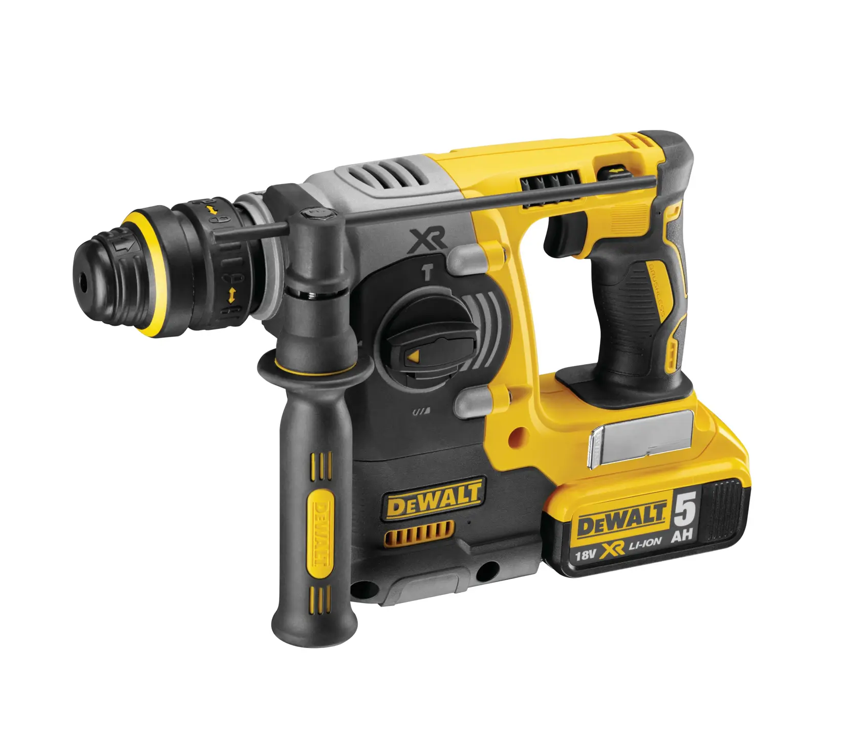 DEWALT cordless rotary hammer drill with side handle and 18V XR Li-Ion battery, shown on a white background.