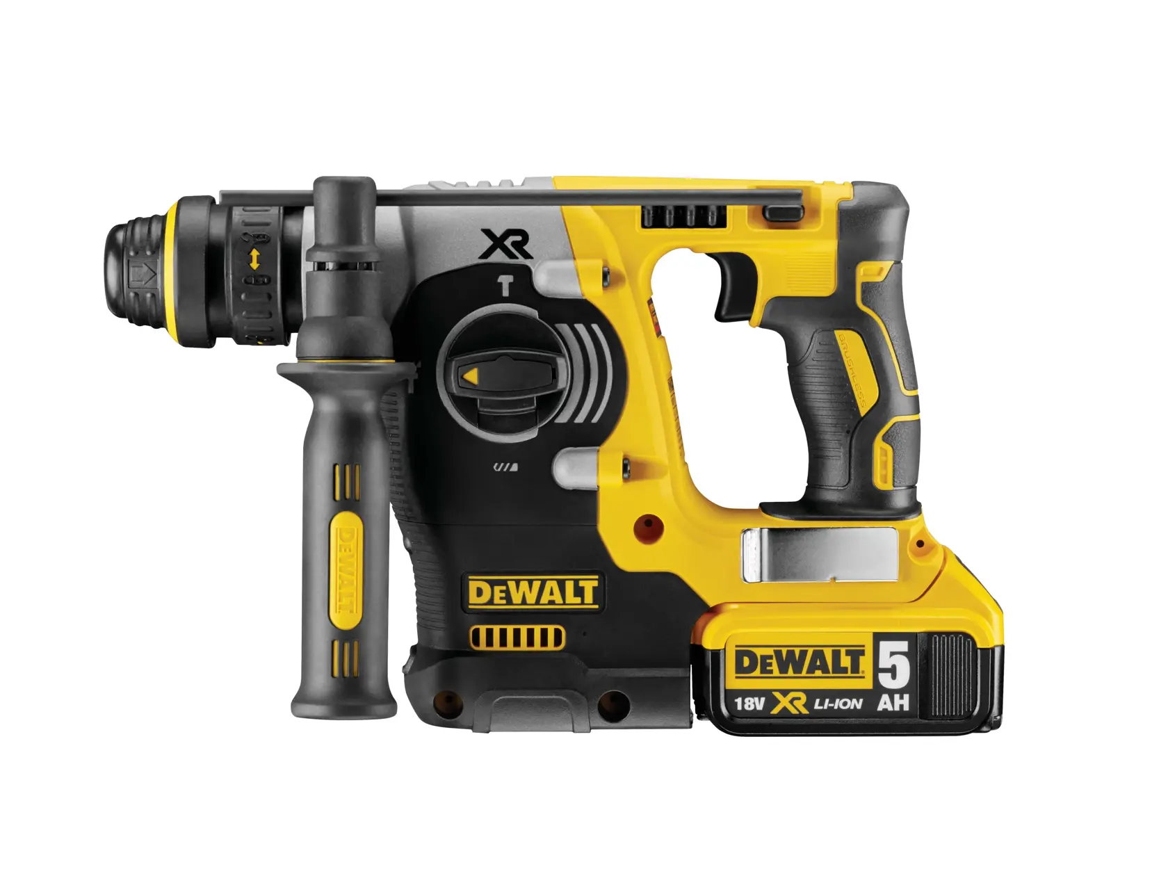 DEWALT cordless rotary hammer drill, yellow and black, 18V XR Li-Ion battery, side handle, model DCH274P2T.