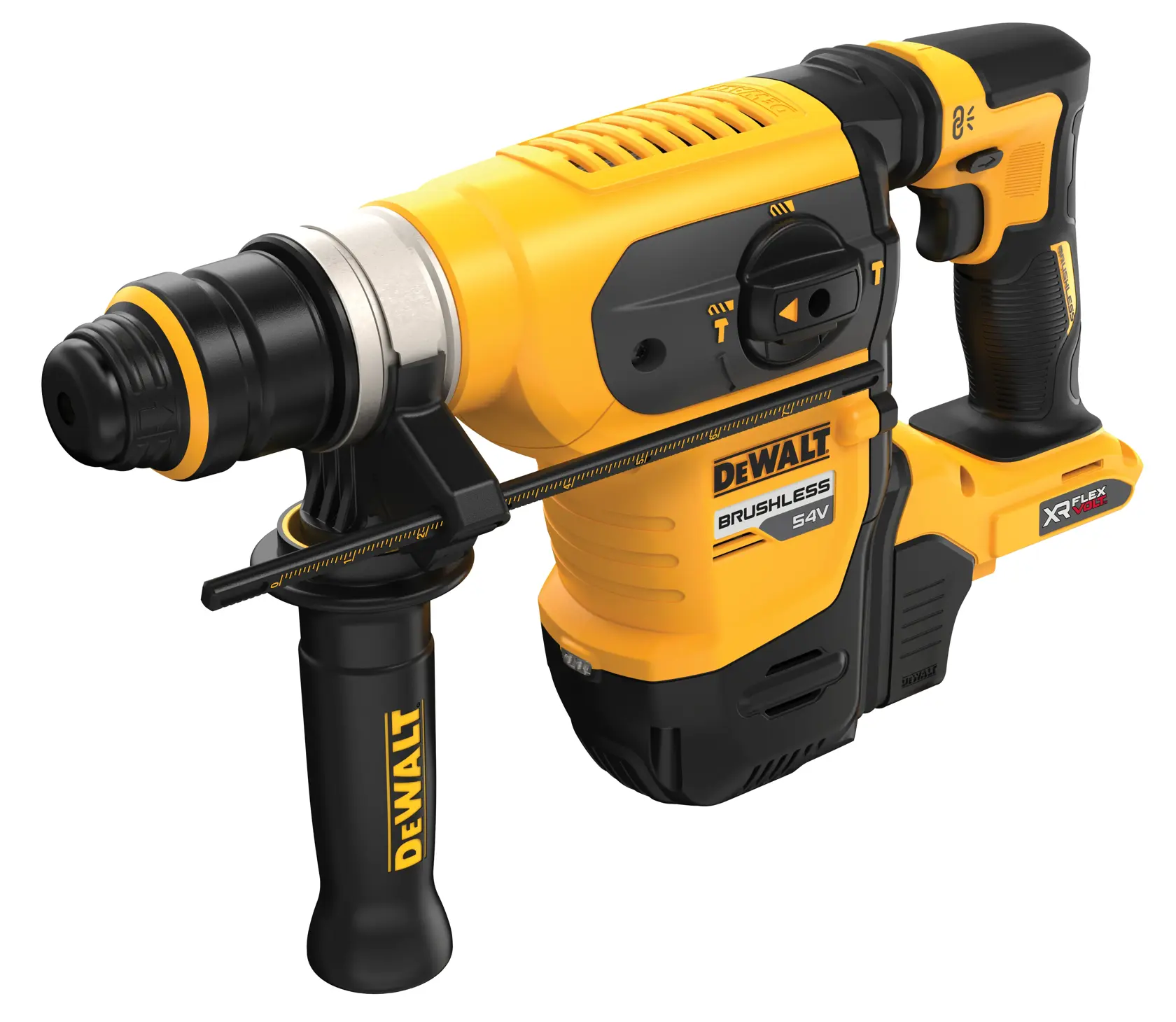 DEWALT 54V yellow and black cordless rotary hammer drill with side handle and brushless motor.