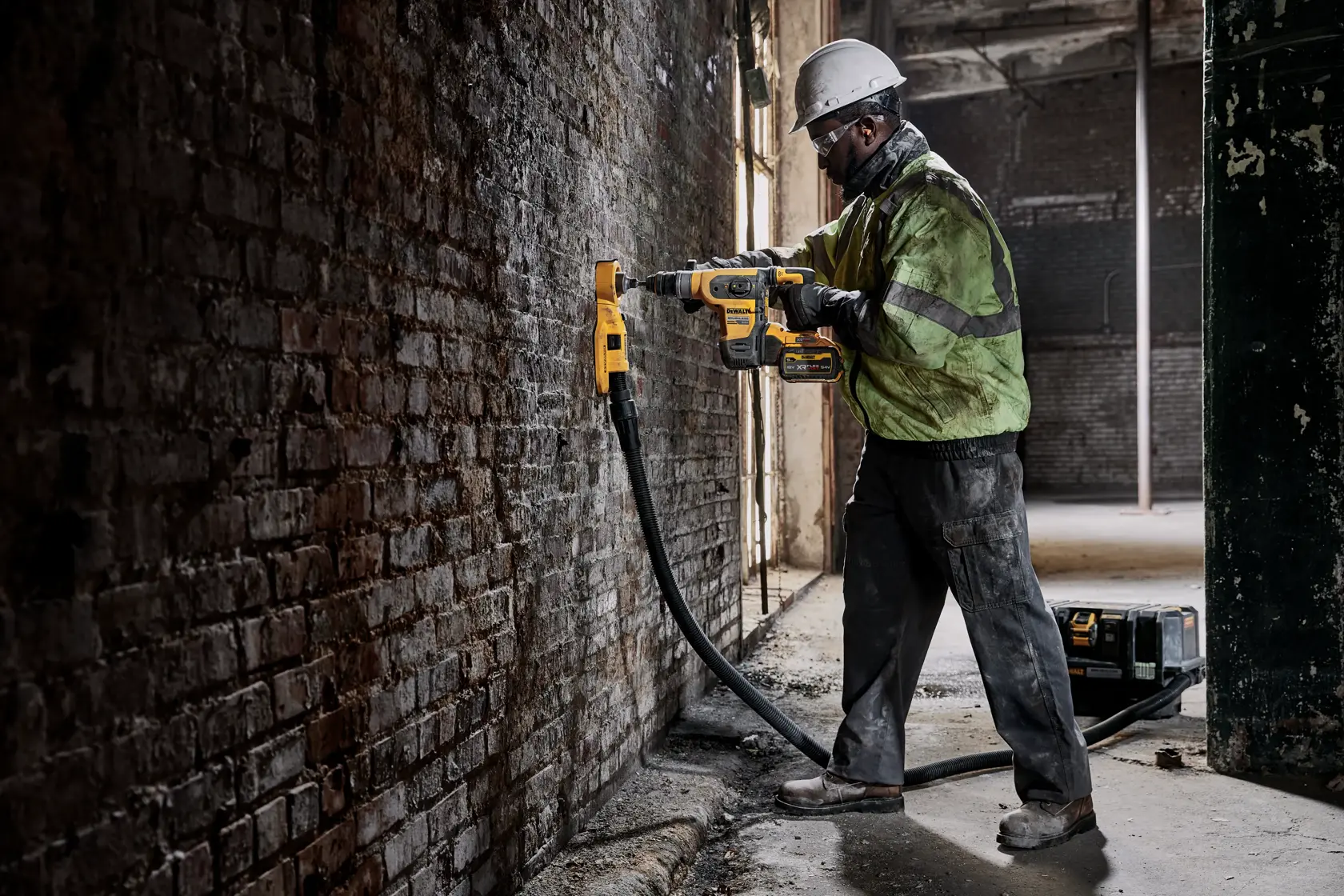 Worker uses a DEWALT rotary hammer tool on a brick wall at a construction site, hose attached for dust control.