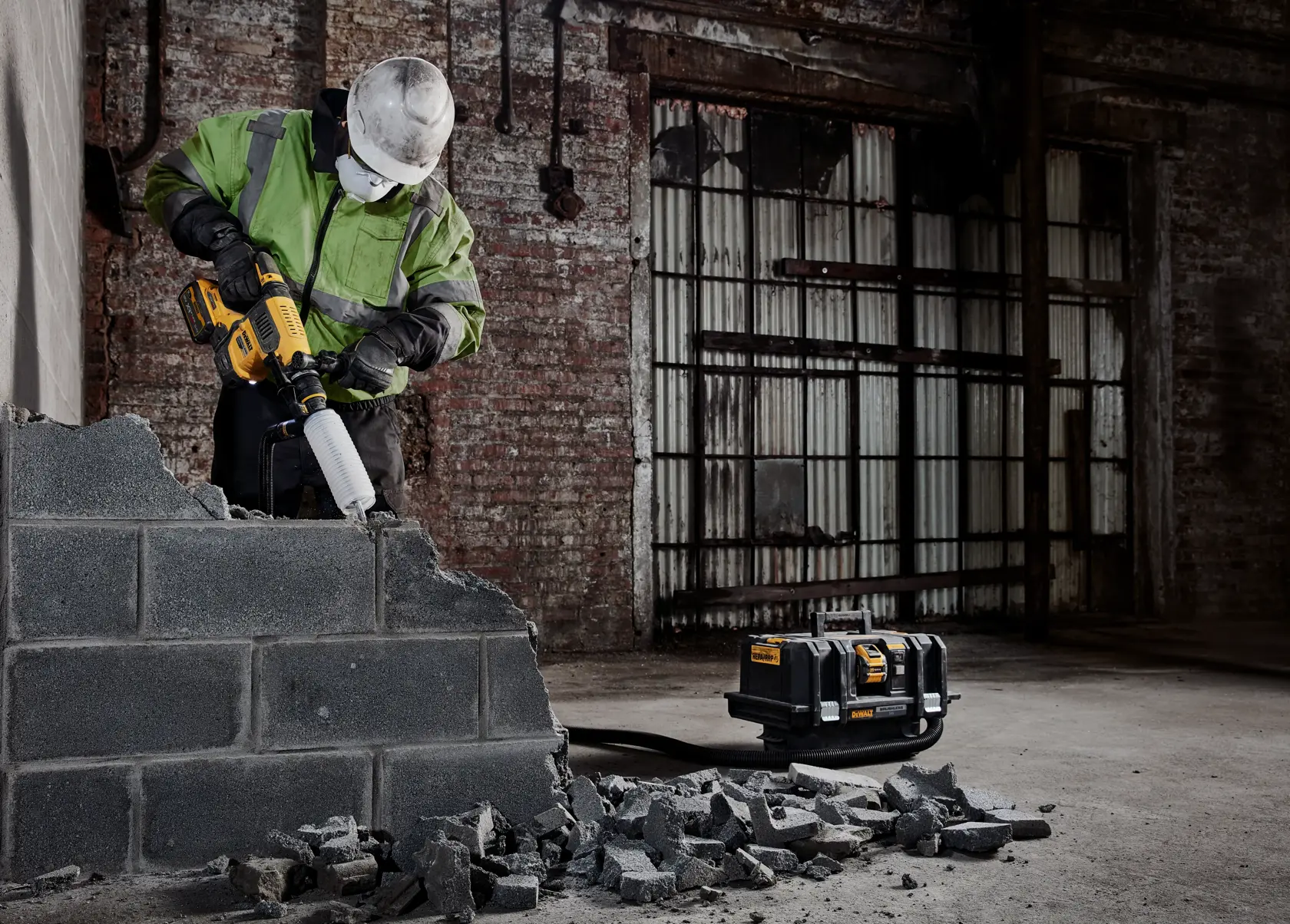 Worker using DEWALT DCH416NT tool to break concrete blocks in an industrial setting. Debris and case visible.