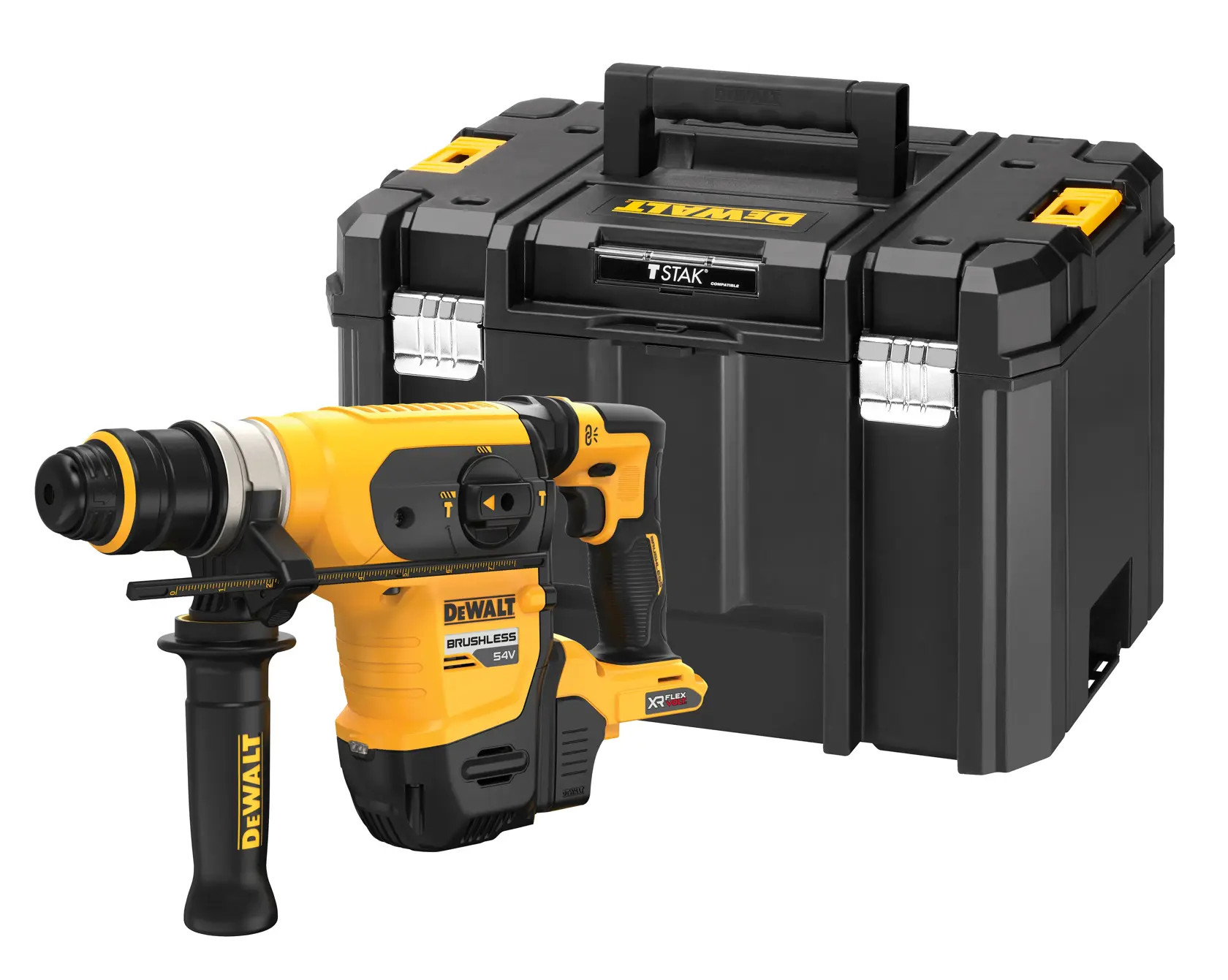 DEWALT rotary hammer drill and black storage case shown on a white background.