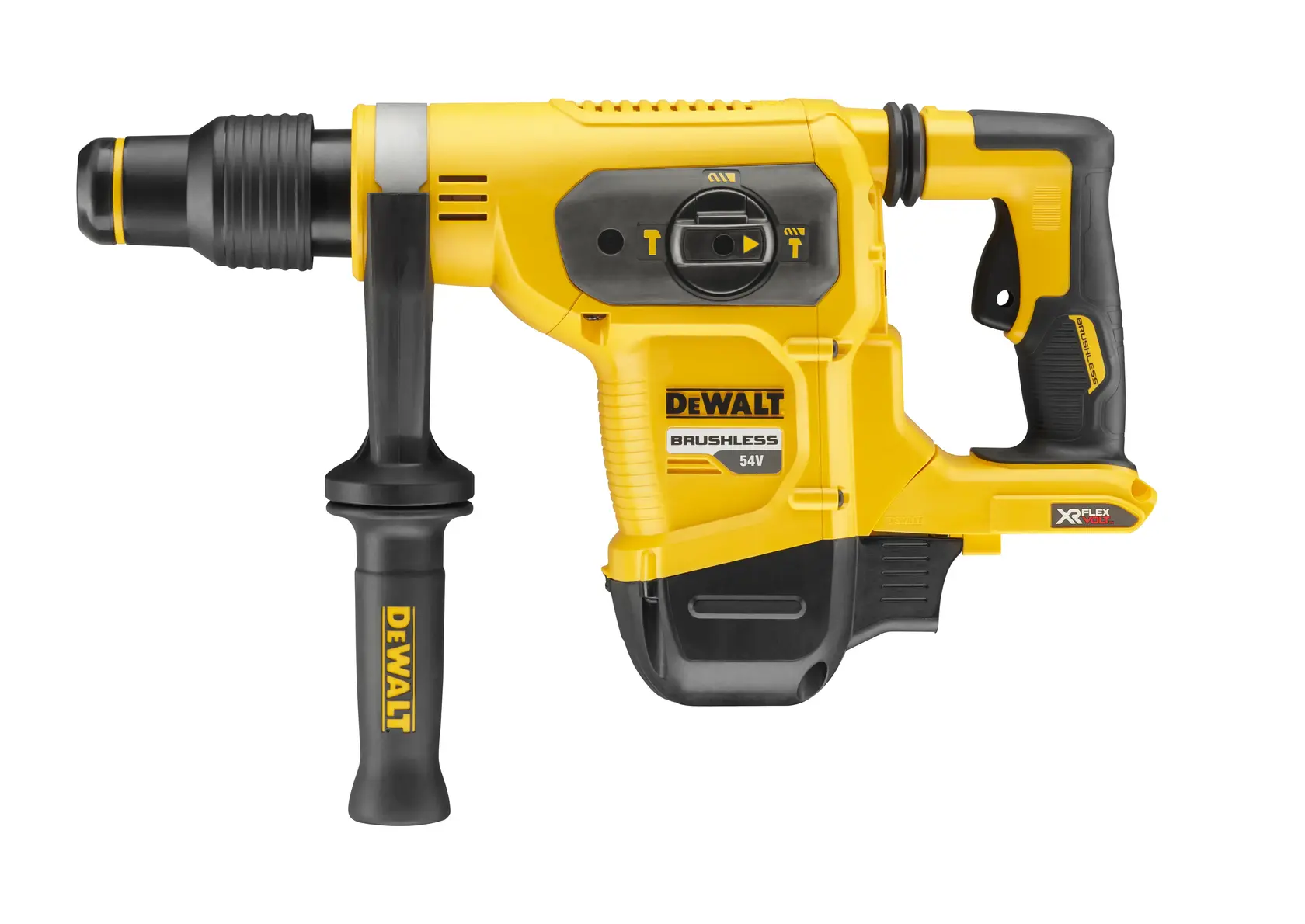 Yellow DEWALT cordless rotary hammer drill with side handle, brushless motor, 54V, XR FLEXVOLT.