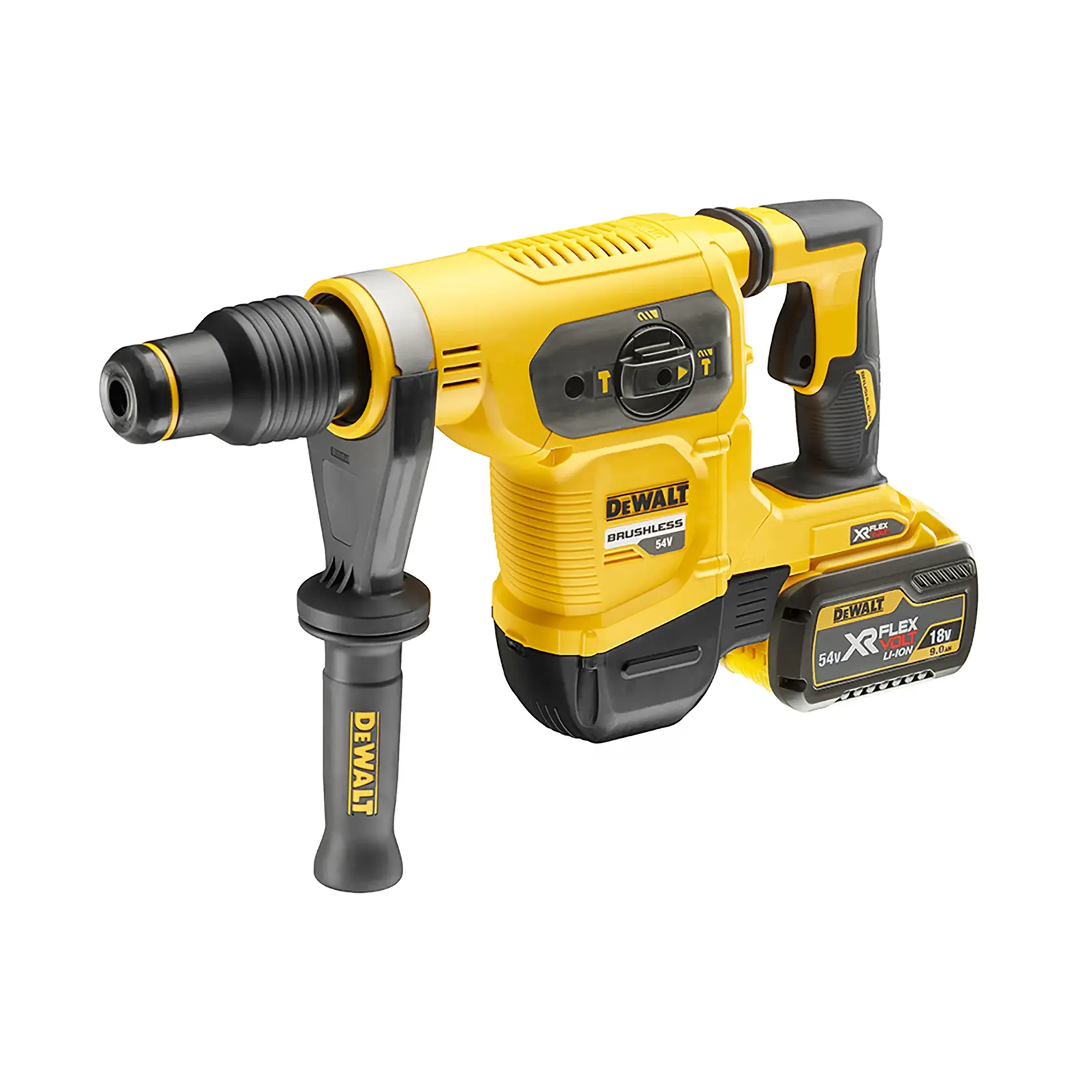 Cordless yellow DEWALT rotary hammer drill with side handle and XR Flexvolt battery, model DCH481X2.