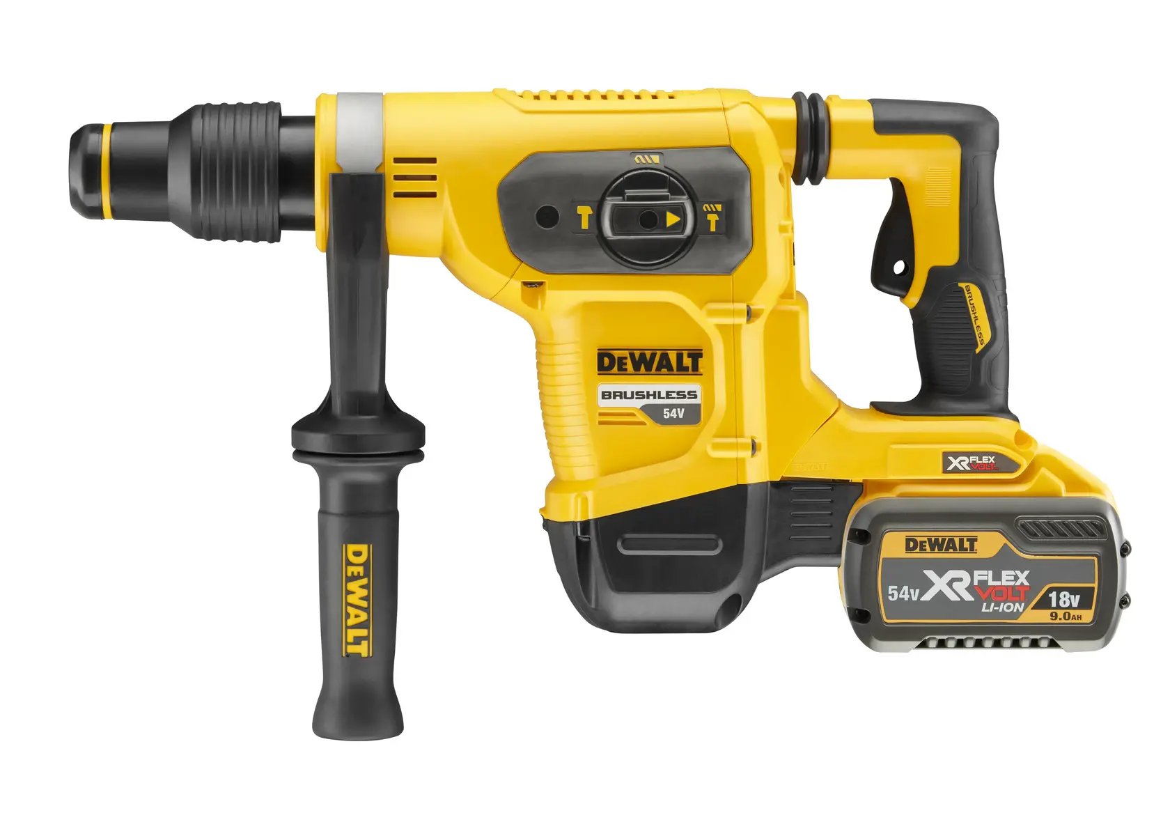 A yellow and black DEWALT cordless rotary hammer drill, model DCH481X2, with a side handle and an XR FLEXVOLT lithium-ion battery attached.