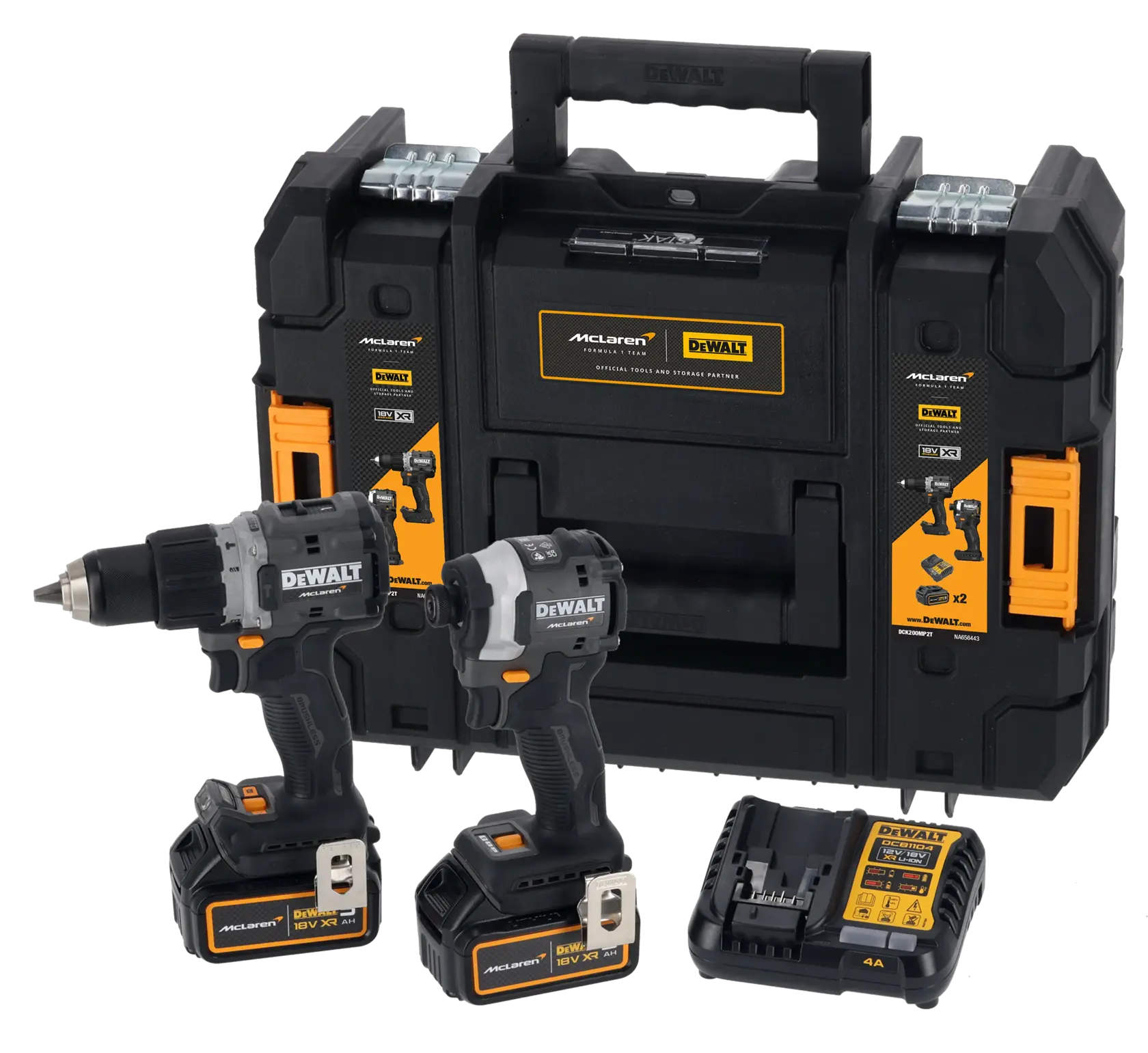 DEWALT DCK200MP2T, DCK200MP2T-XE tool kit includes 2 drills, charger and case. Photography category.