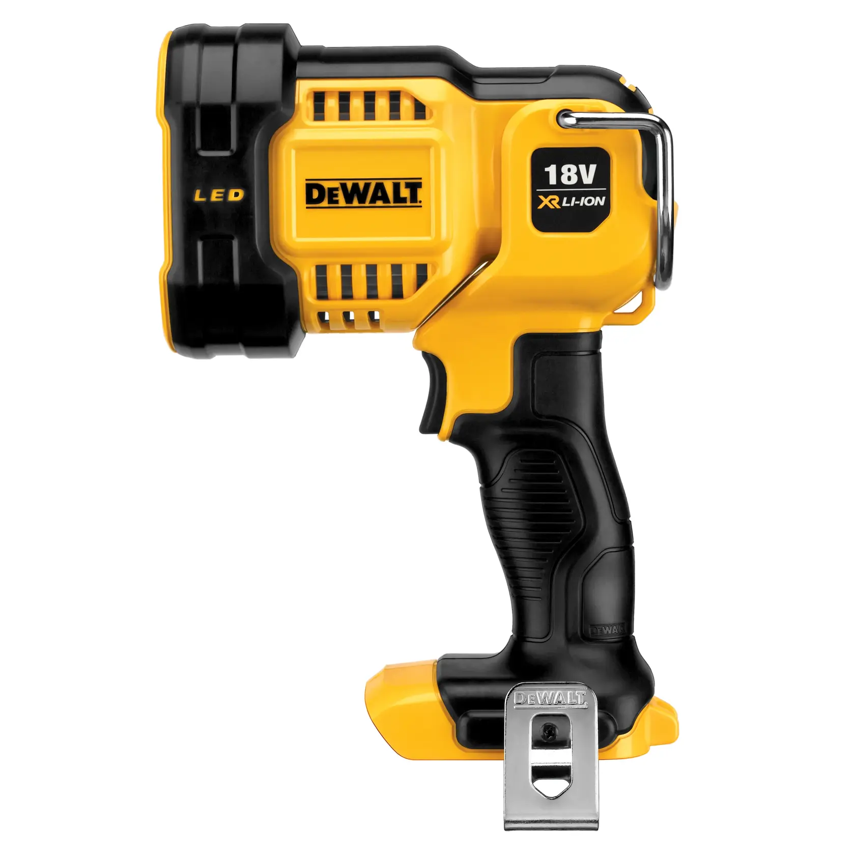 A DEWALT 18V XR Li-Ion LED handheld work light, featuring a yellow and black durable design with a metal clip on the base.
