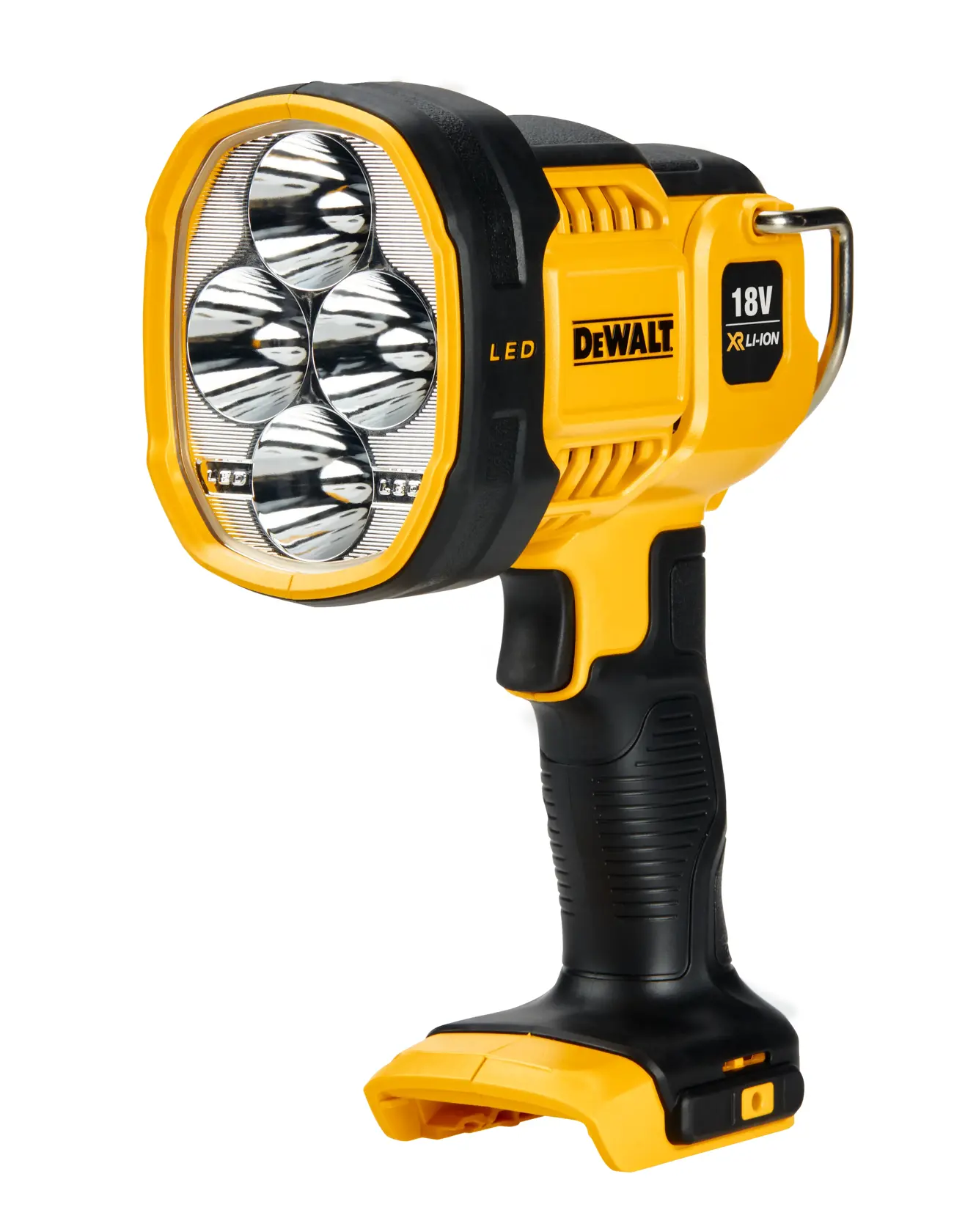 A DEWALT DCL043 portable LED spotlight with 18V XR Li-Ion battery compatibility. The device is yellow and black with four LED bulbs and a sturdy handle.