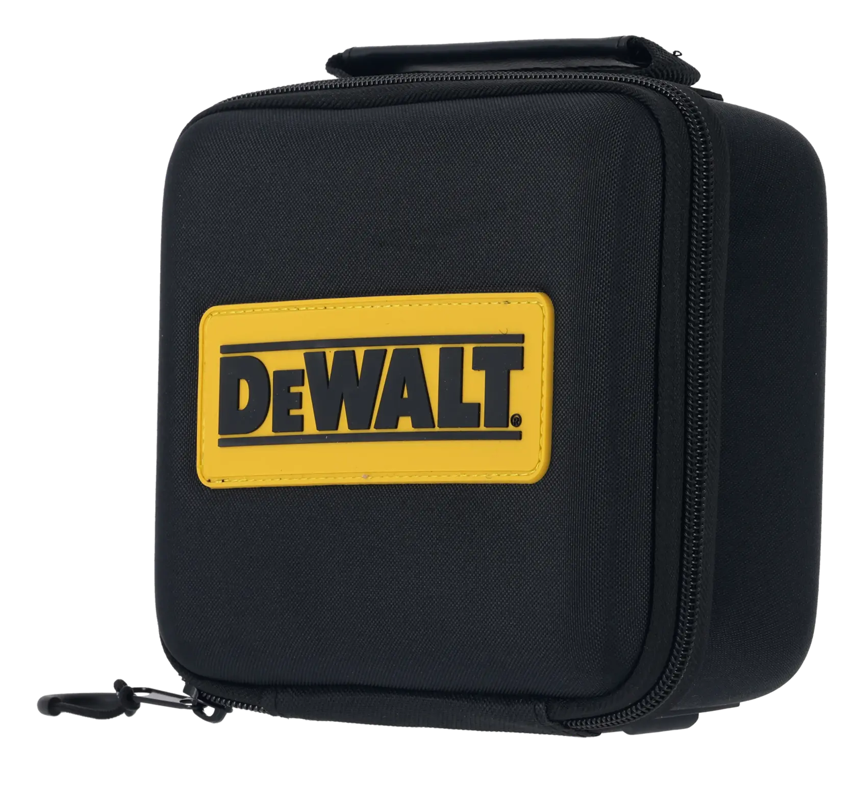 Black DEWALT zippered carrying case with yellow logo, designed for photography equipment storage and protection.
