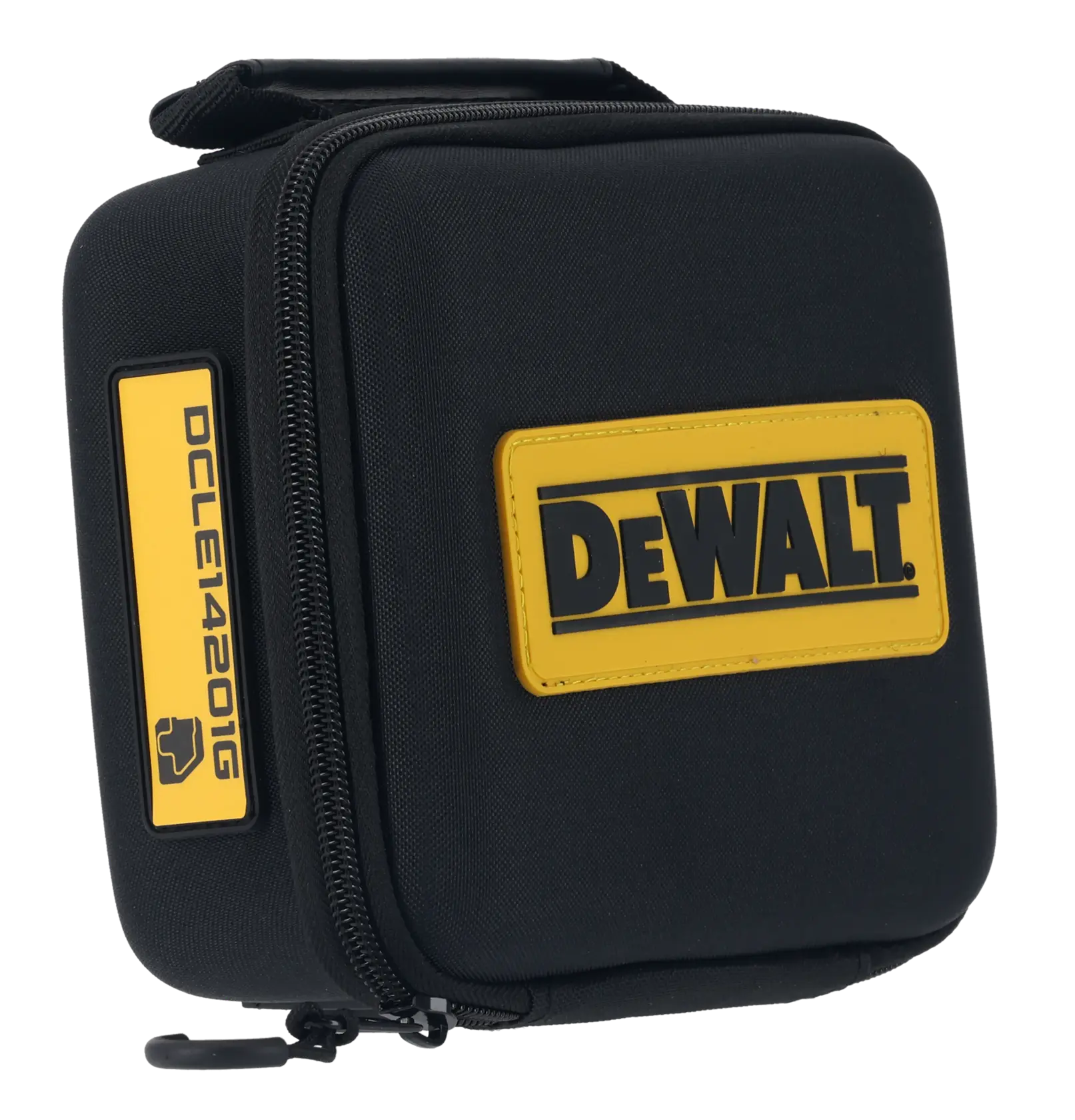 DEWALT branded black zippered carrying case, rectangular, with yellow logo and model DCLE14201GB label.