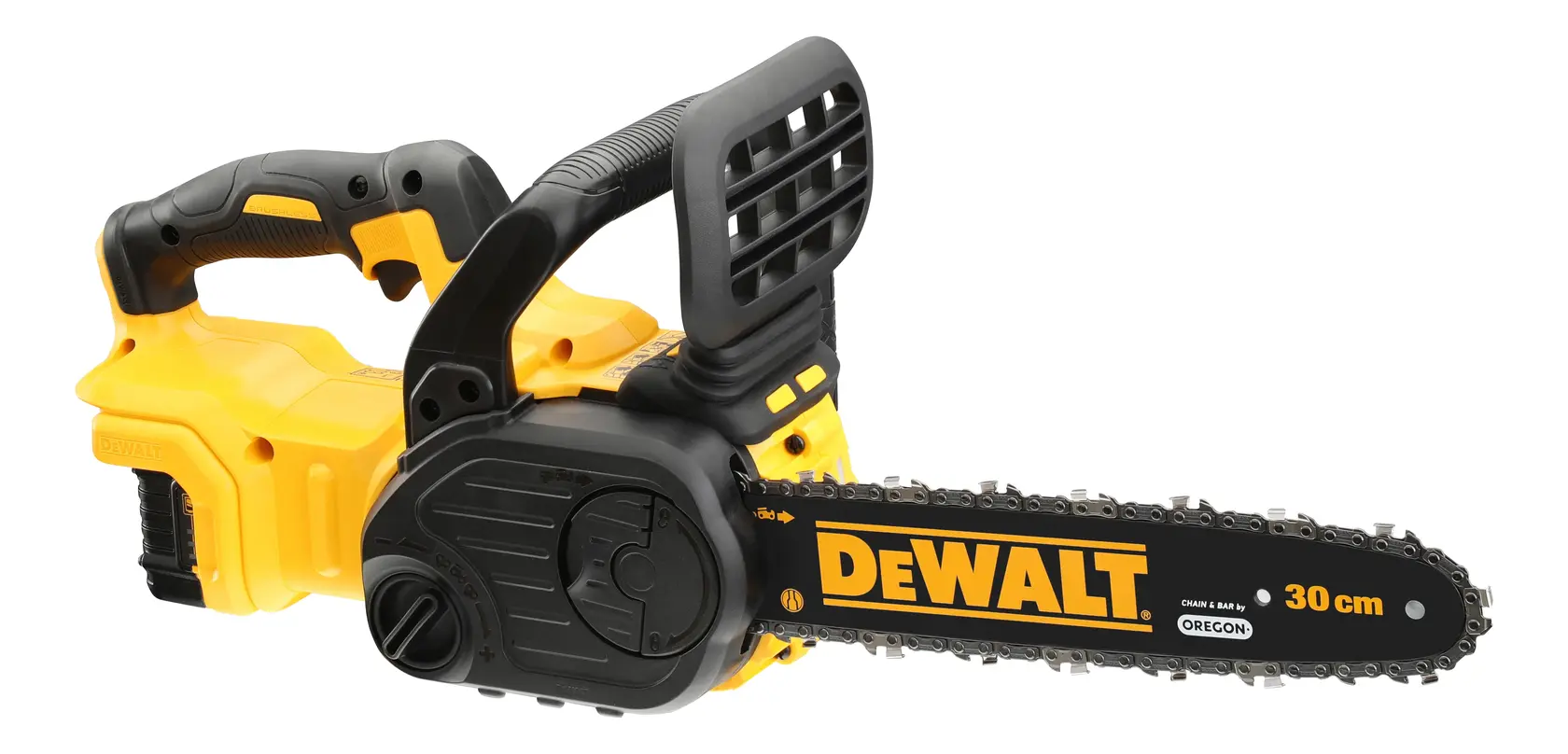 DEWALT cordless chainsaw with 30 cm blade, yellow and black, suitable for wood cutting tasks.