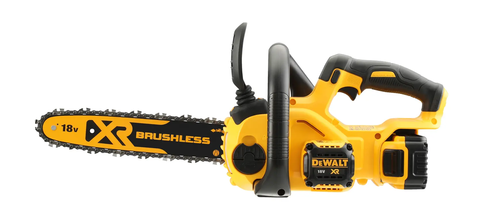 DEWALT 18V XR Brushless cordless chainsaw with yellow and black design, side view.