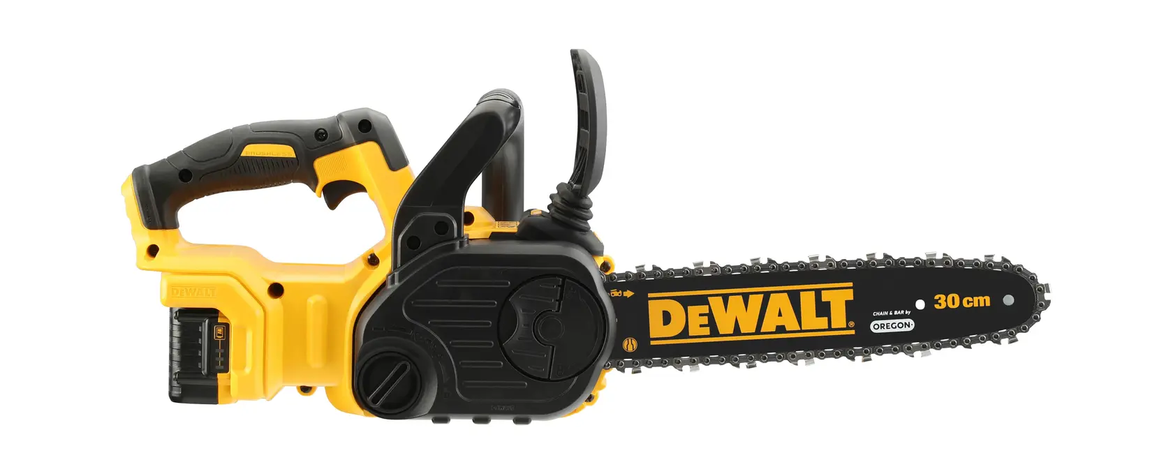 DEWALT cordless chainsaw with 30 cm blade, yellow and black design, side view.