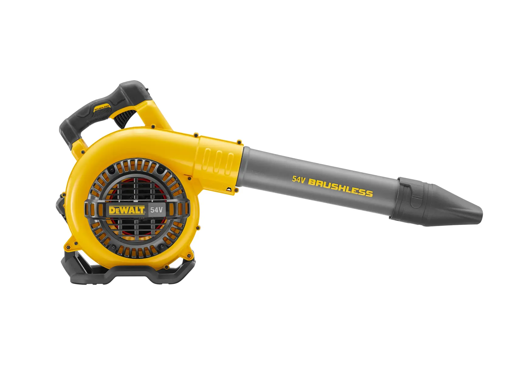 Yellow and black DEWALT 54V brushless cordless blower with ergonomic handle and long nozzle.