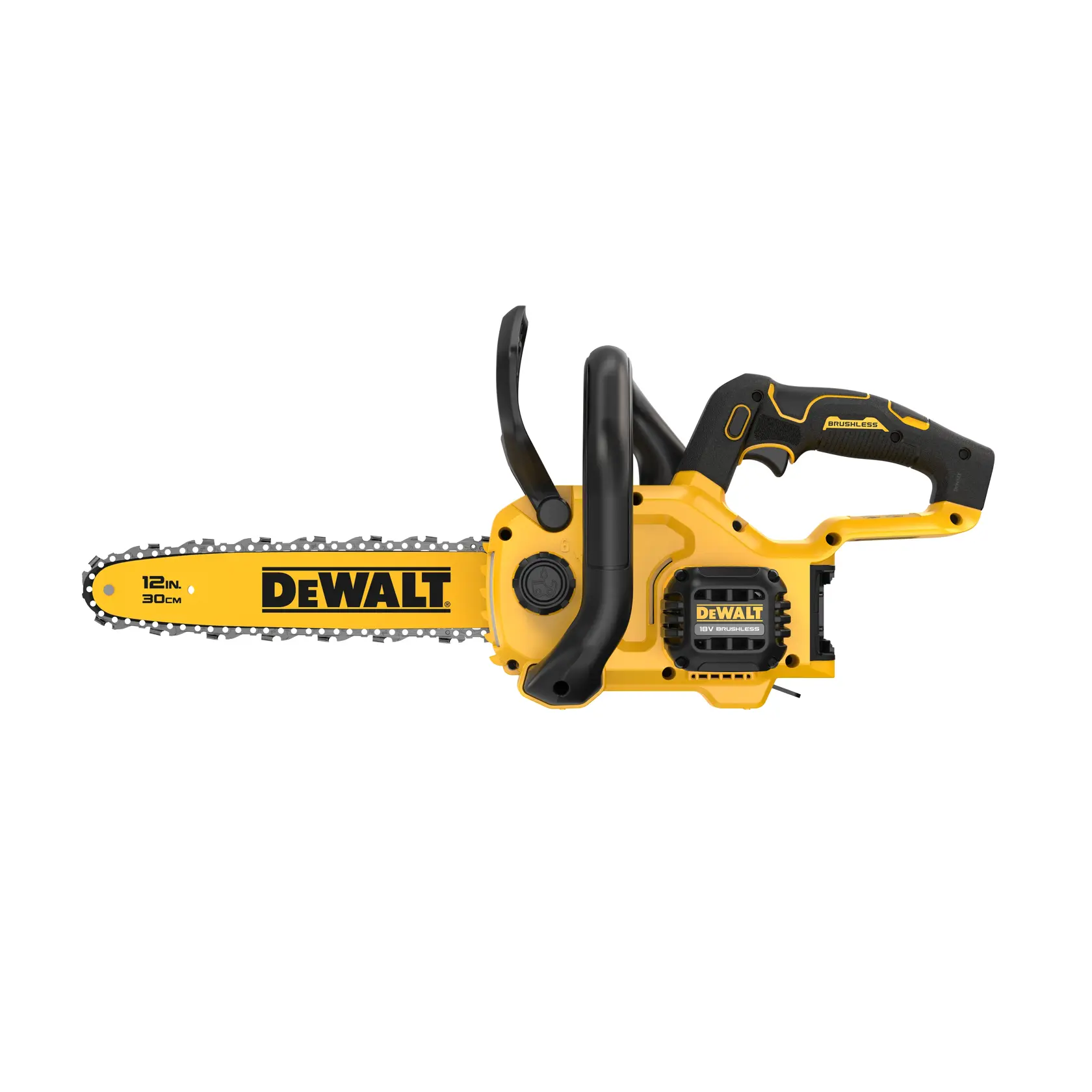 DEWALT chainsaw, yellow, shown side view. SKUs: DCMCS565N, DCMCS565N-XJ. Photography product category.