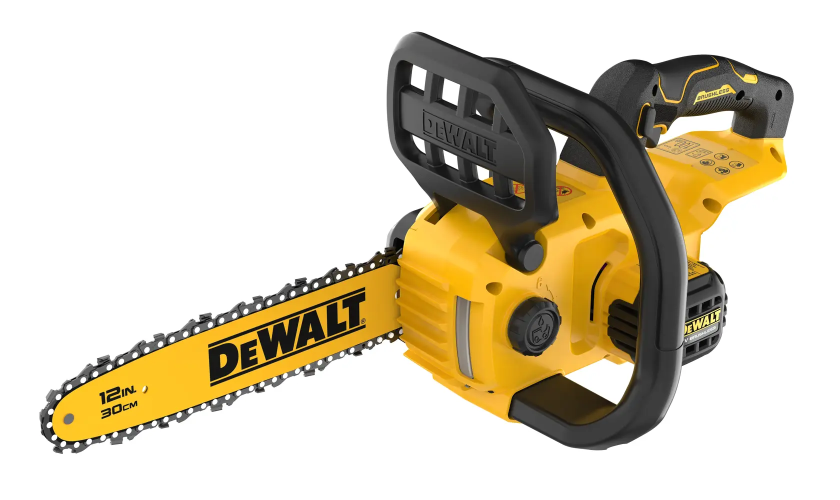 DEWALT chainsaw DCMCS565N, DCMCS565N-XJ shown. Yellow and black design, 12-inch bar. Photography category.