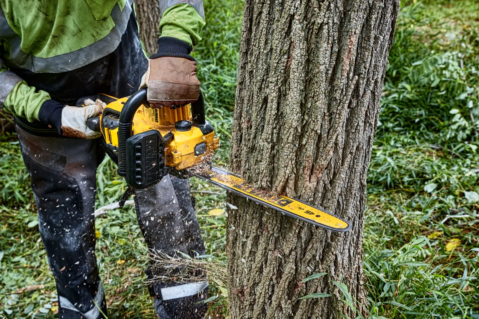 A person using a yellow DEWALT chainsaw to cut through a tree trunk outdoors, wearing protective gloves and clothing.