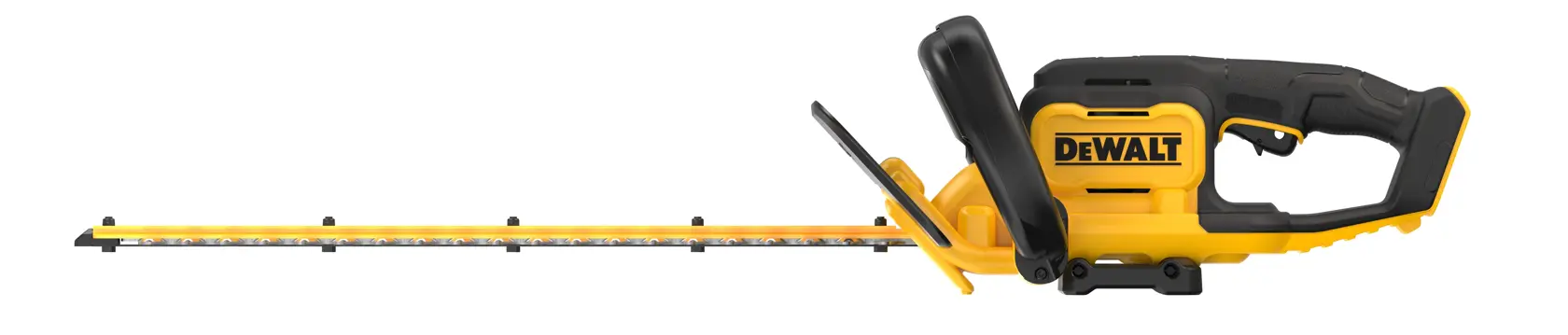 DEWALT cordless hedge trimmer with yellow and black design, long blade, and ergonomic handle.