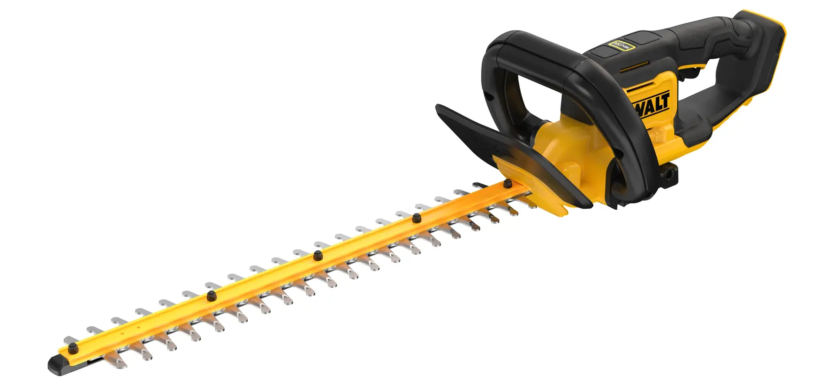 Cordless yellow and black DEWALT hedge trimmer with ergonomic handle and long cutting blade.