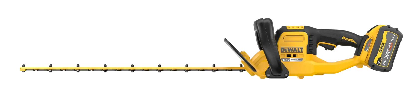 Yellow and black cordless DEWALT hedge trimmer with battery, long blade and ergonomic handle, side view.