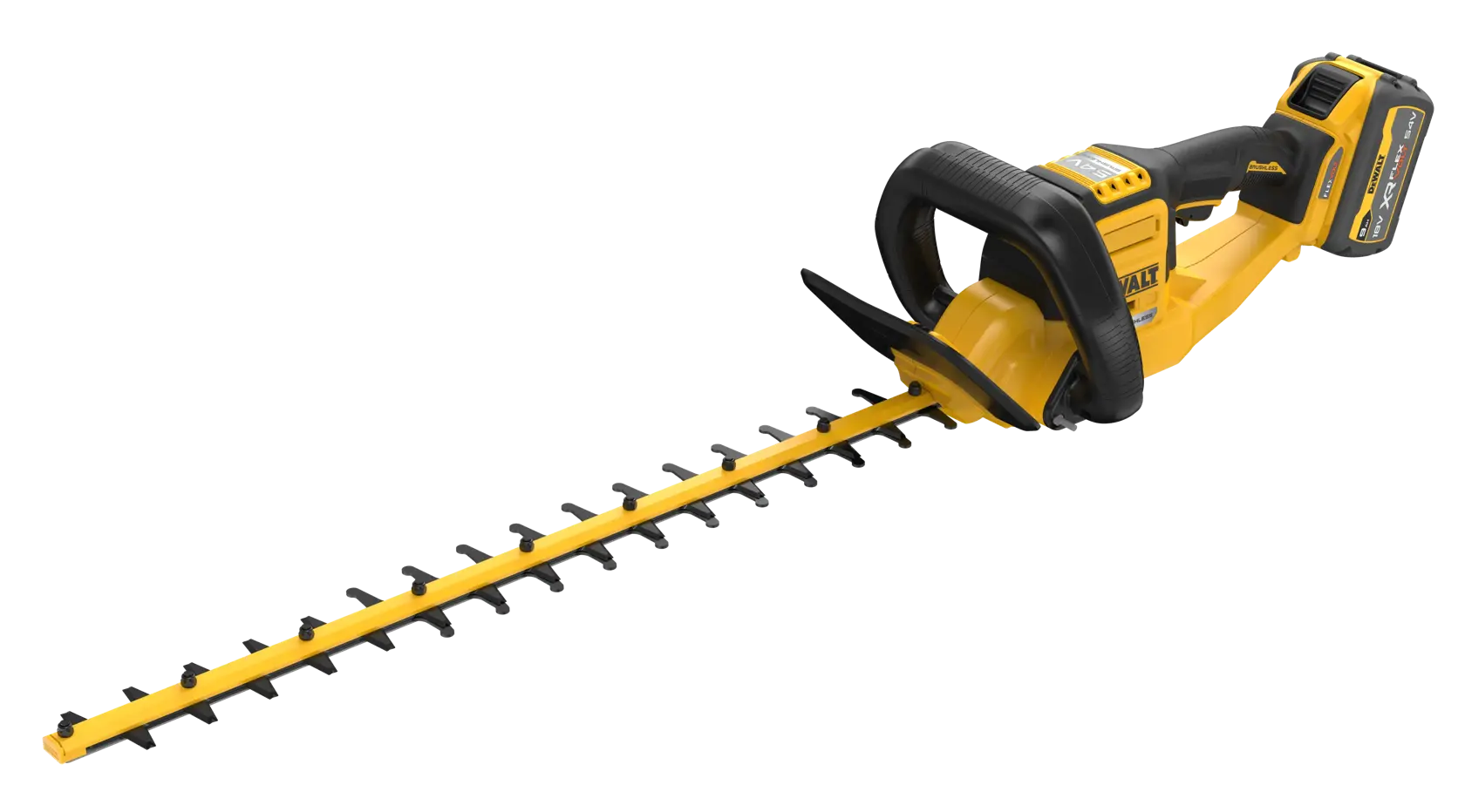Yellow DEWALT cordless hedge trimmer with black handle and long blade, shown on a white background.