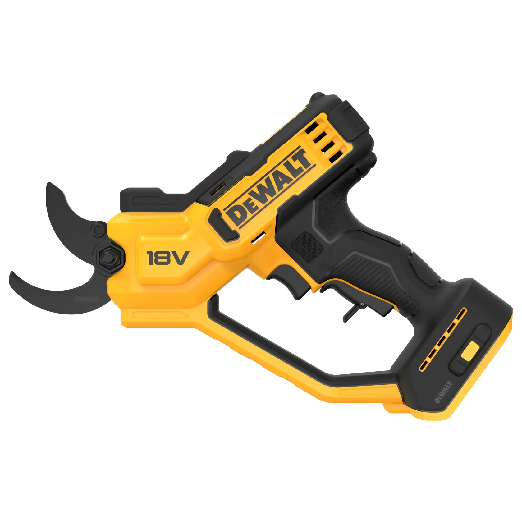 DEWALT 18V cordless pruner with black and yellow body, ergonomic handle, and sharp cutting blade.