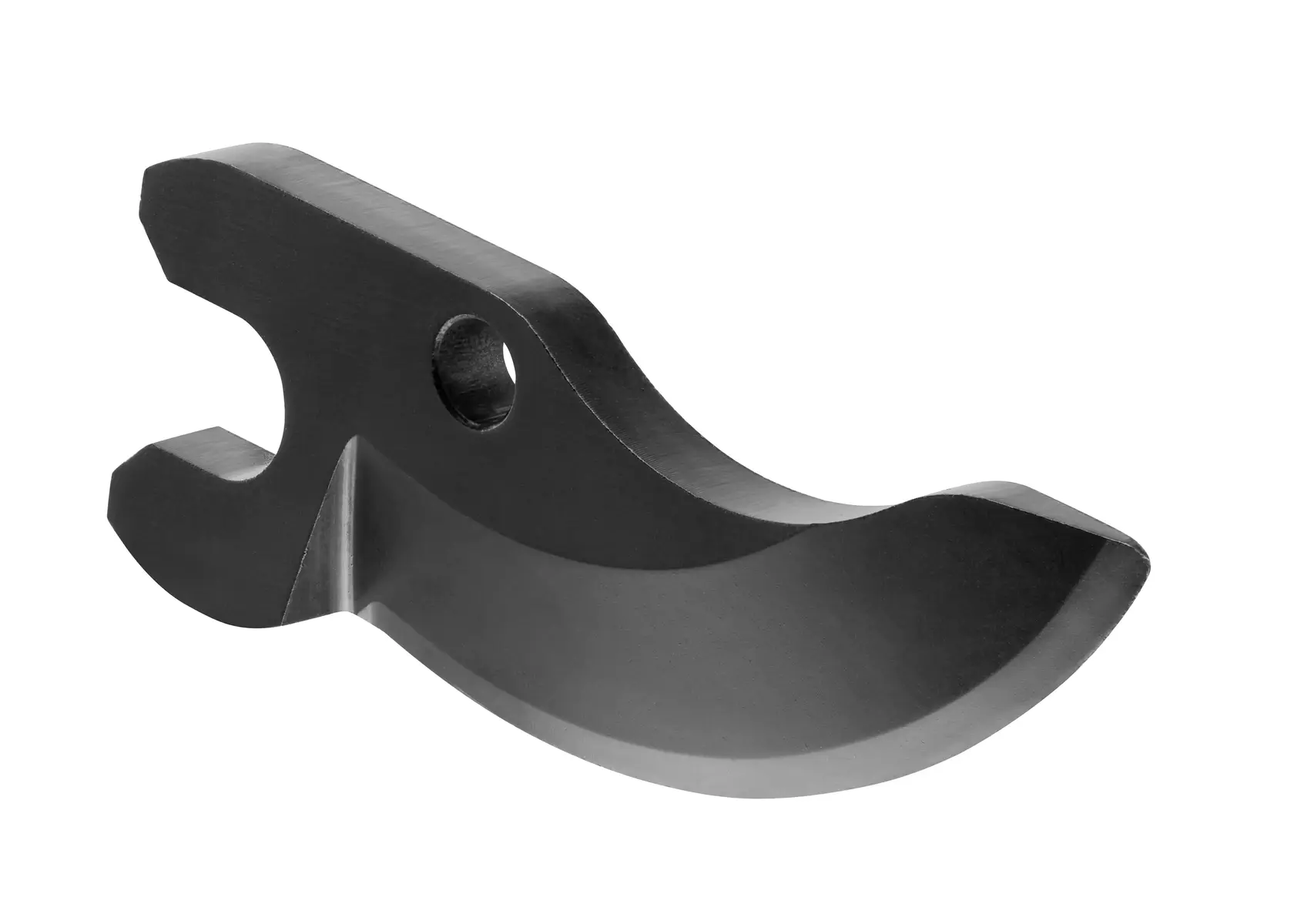 Curved black metal part with a slot and hole, photographed on a white background.