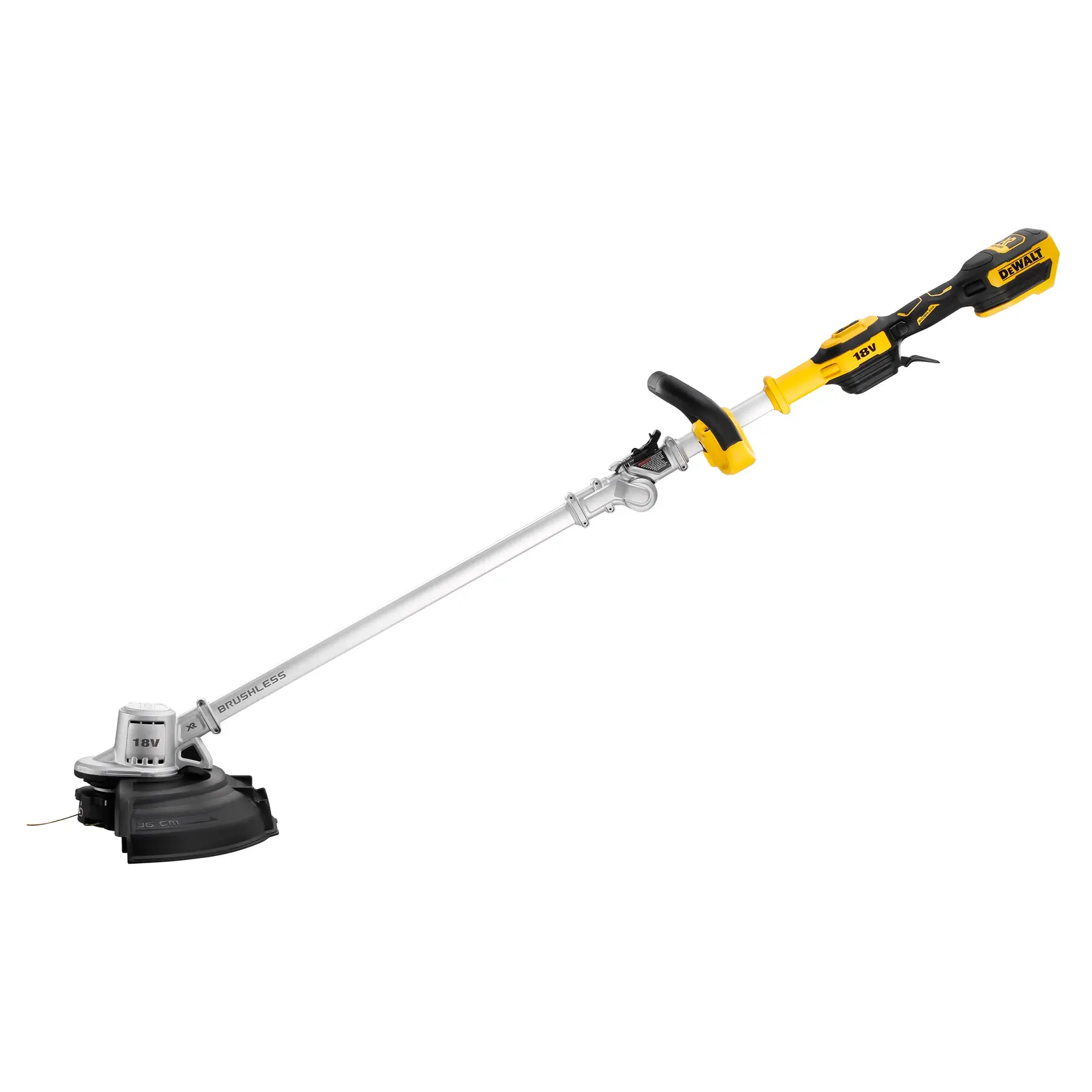 DEWALT cordless string trimmer, 18V, yellow and black, brushless, with handle for grass cutting.