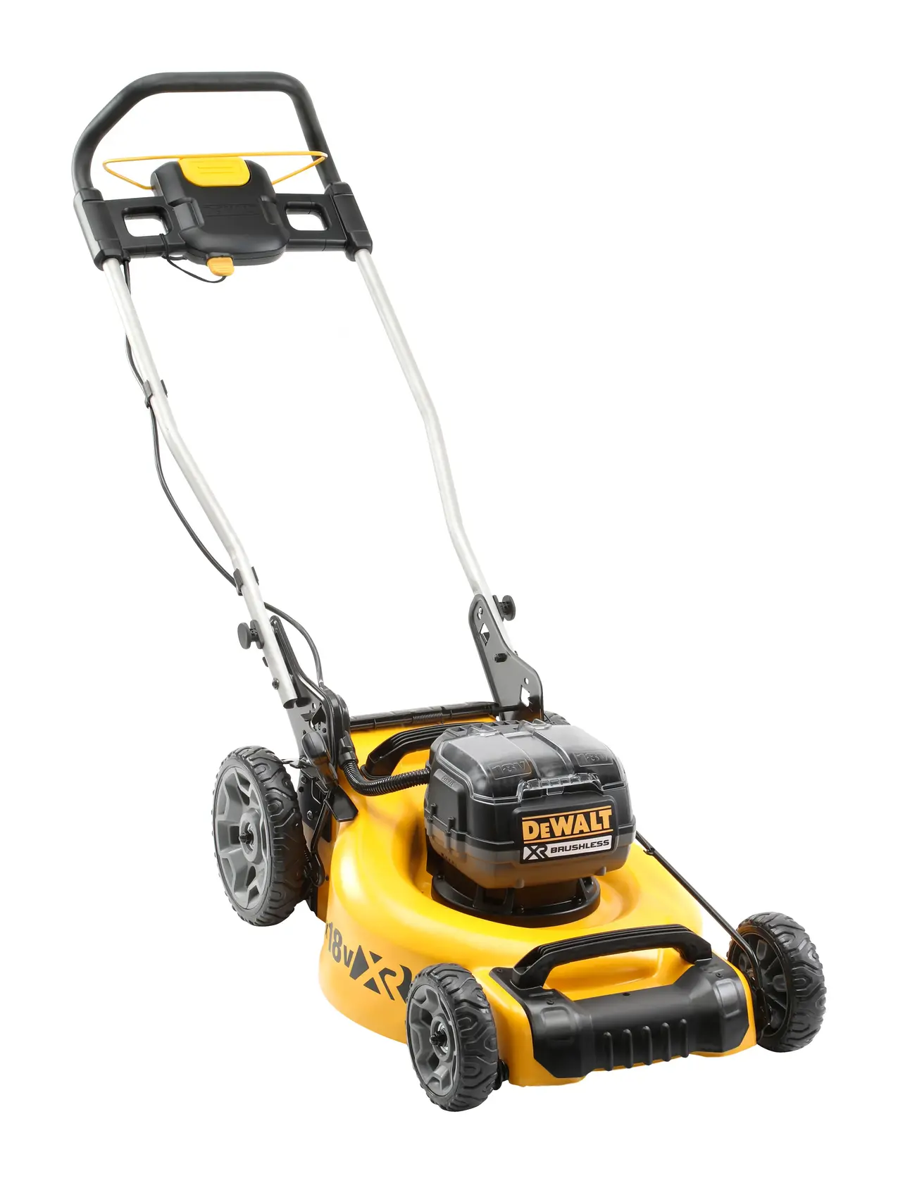 Yellow DEWALT cordless lawn mower with four wheels and handle, shown on a white background.