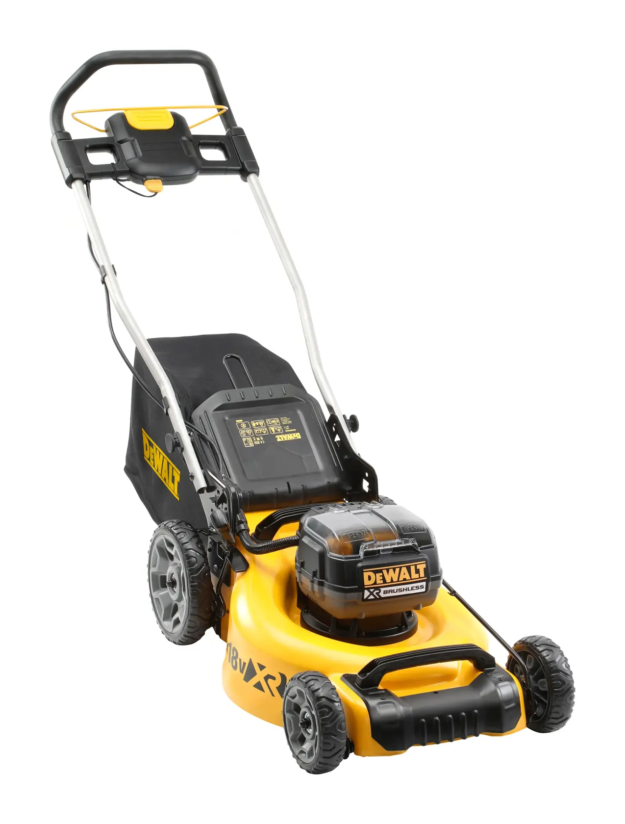 Yellow DEWALT cordless lawn mower with grass bag and black handle, suitable for outdoor gardening.
