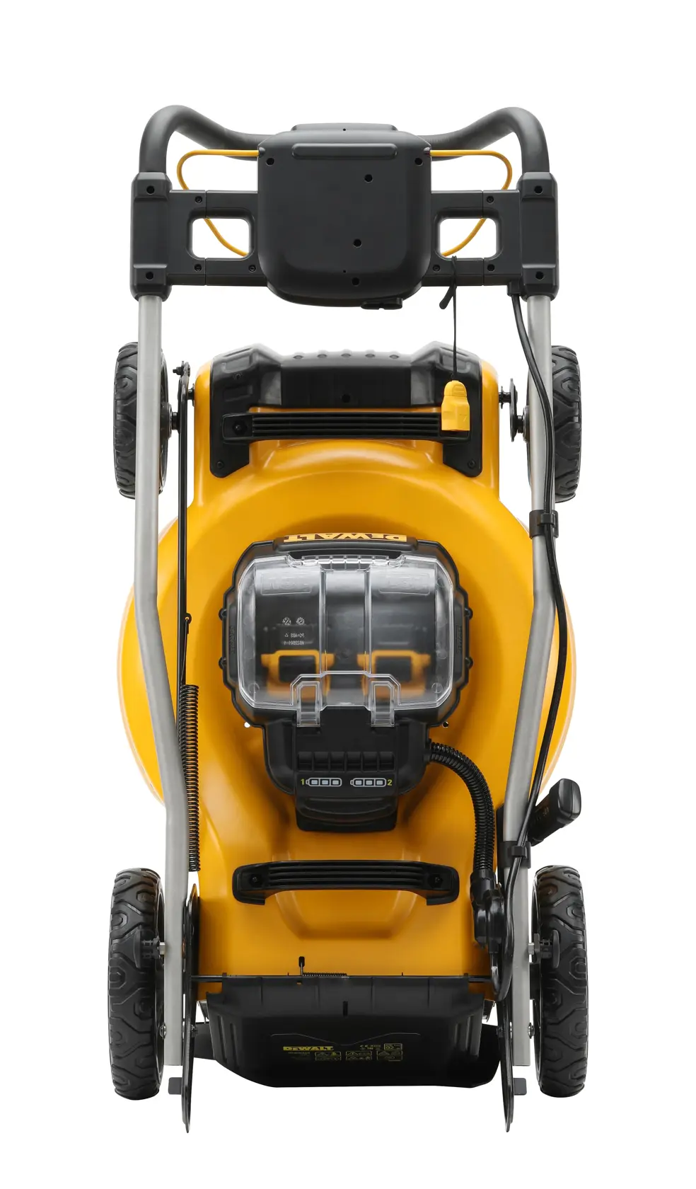 Folded DEWALT yellow cordless lawn mower viewed from above against a white background.