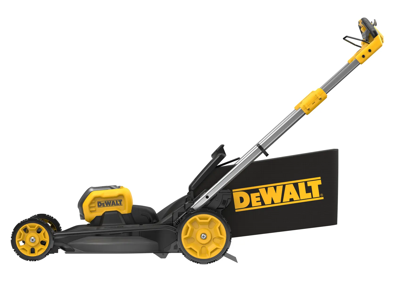 DEWALT cordless lawn mower with yellow and black design and grass collection bag, side view.