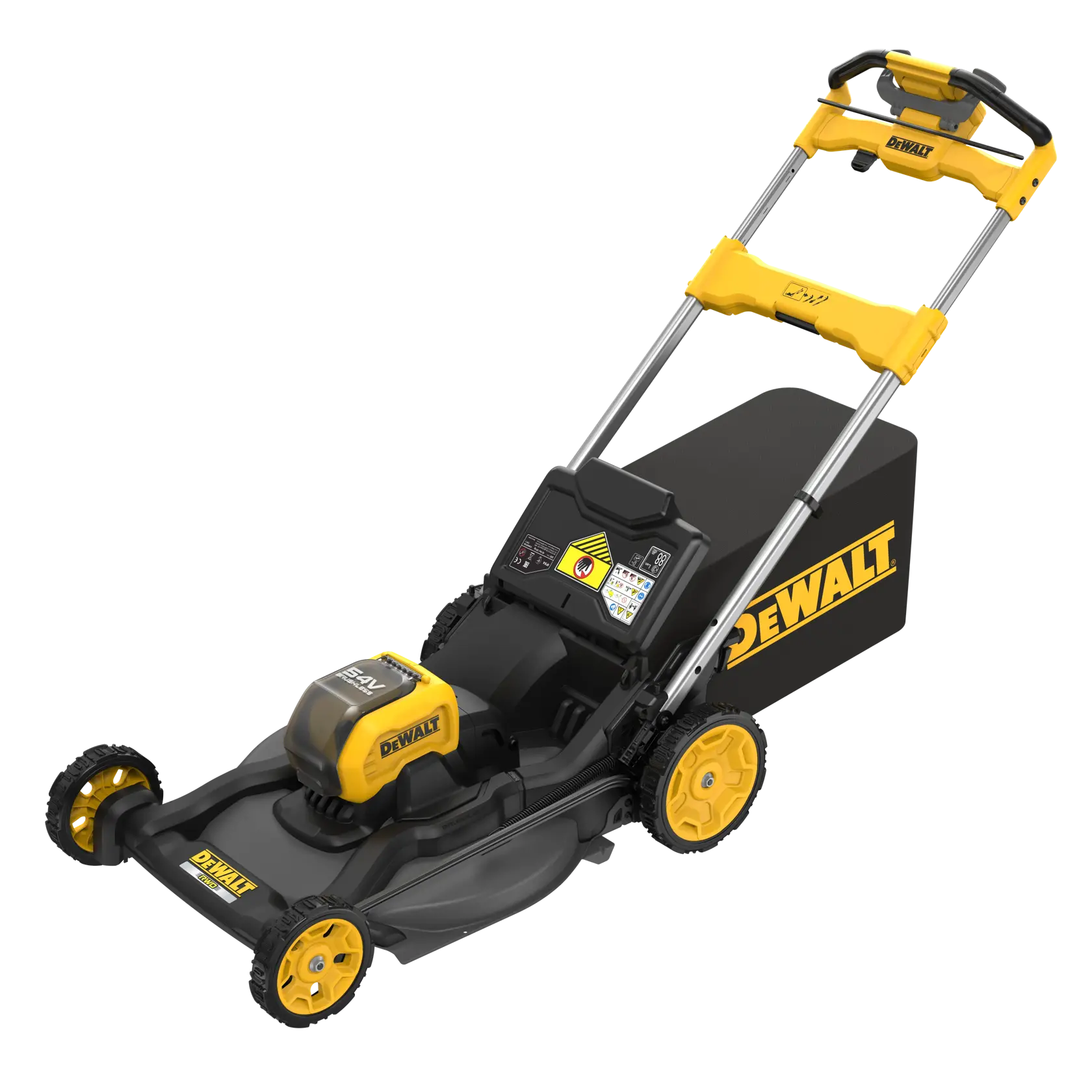DEWALT cordless electric lawn mower with yellow and black design and grass collection bag.