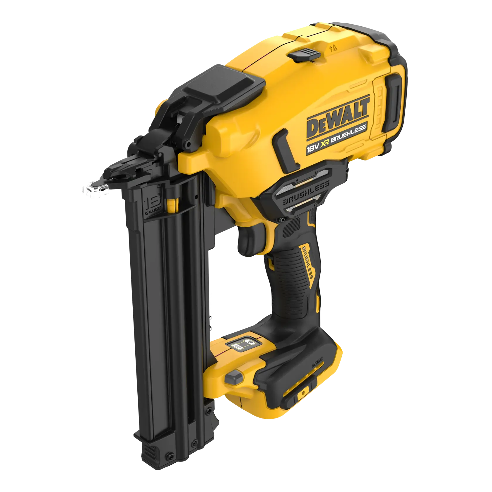 Yellow DEWALT cordless nailer tool with black accents, 18V XR brushless model, angled view.