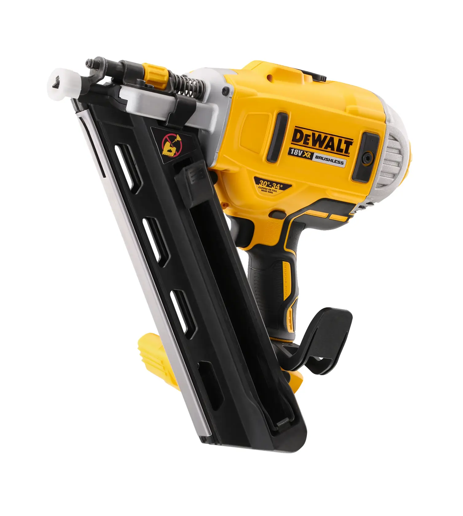 DEWALT 18V XR brushless nail gun for construction, yellow and black, shown close-up on a white background.