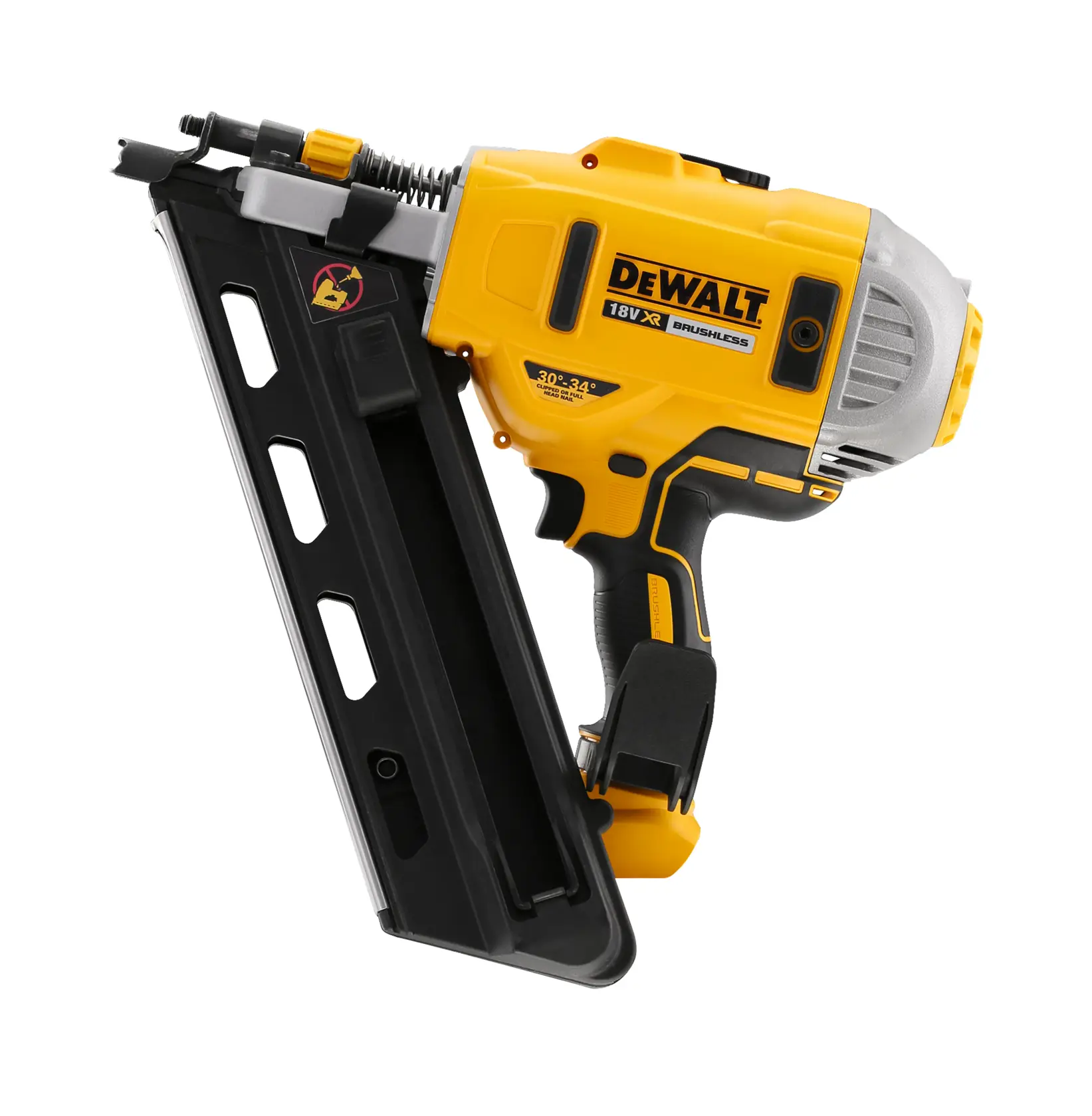 DEWALT 18V cordless nail gun with a yellow and black body on a white background.