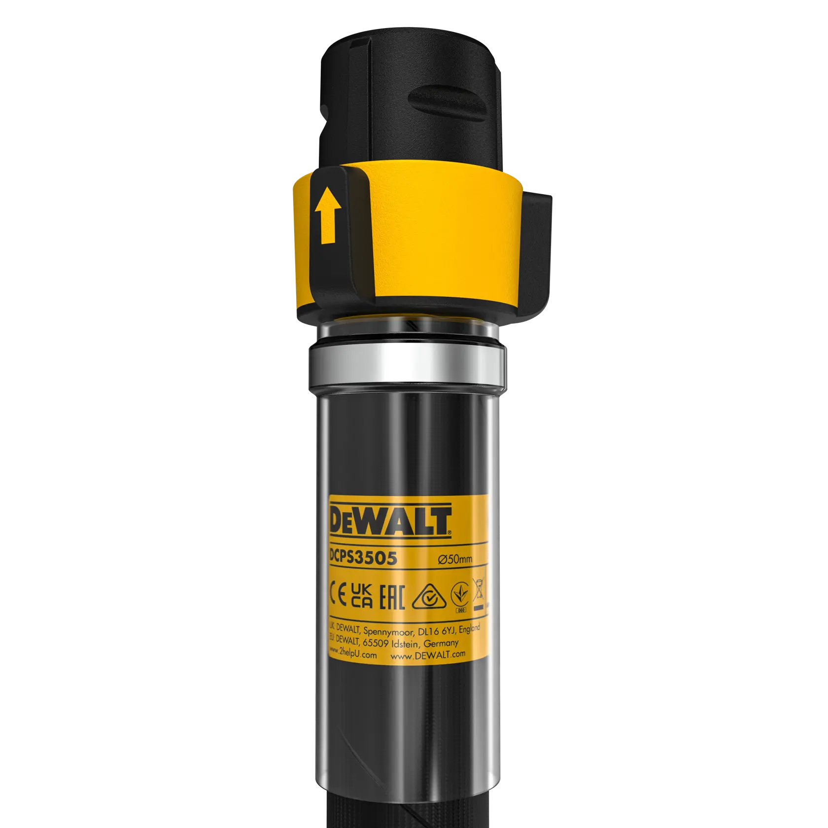 Close-up of DEWALT DCPS3505 tool handle with yellow details and product label visible on metal surface.