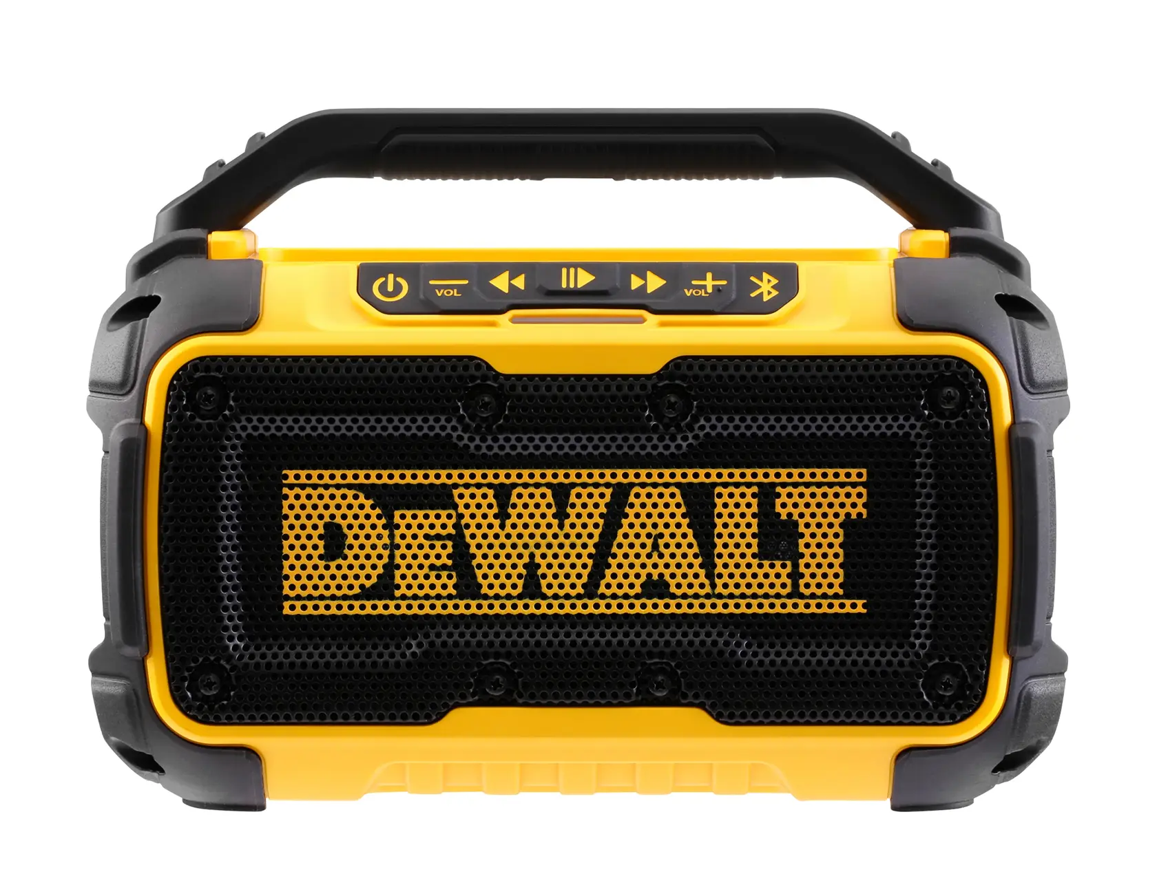 Front view of a DEWALT DCR011 portable yellow Bluetooth speaker with control buttons on top.