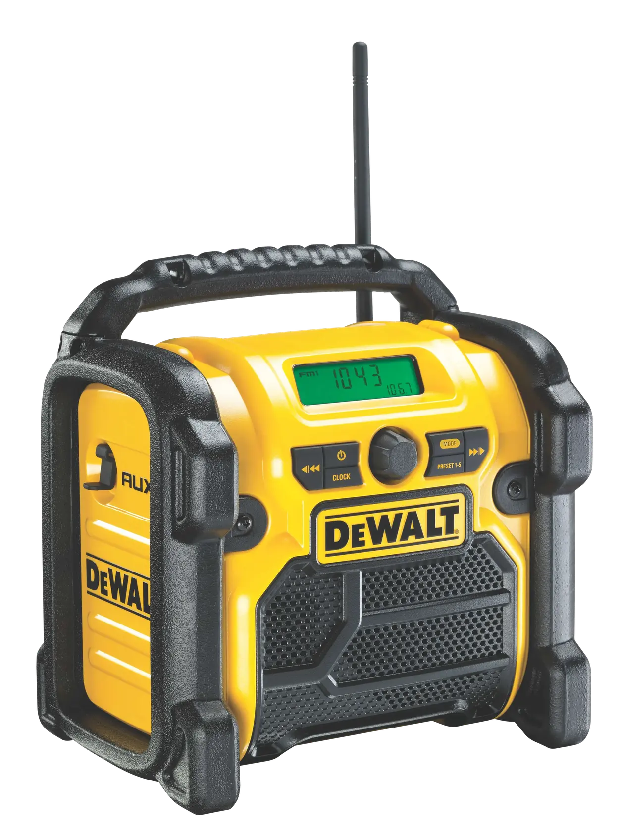 DEWALT portable yellow jobsite radio with handle, display, buttons, and protective black frame.