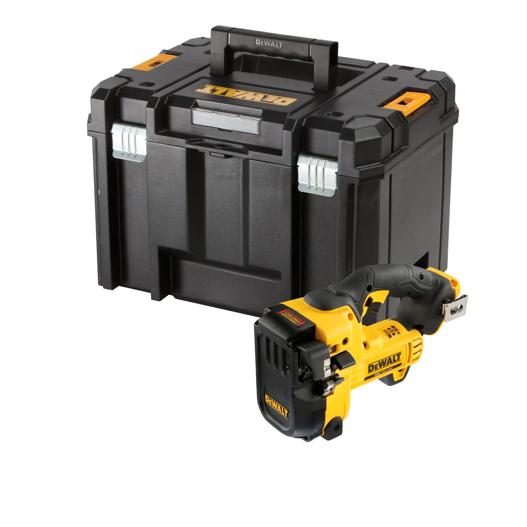 DEWALT cordless tool and black carrying case shown on a white background.