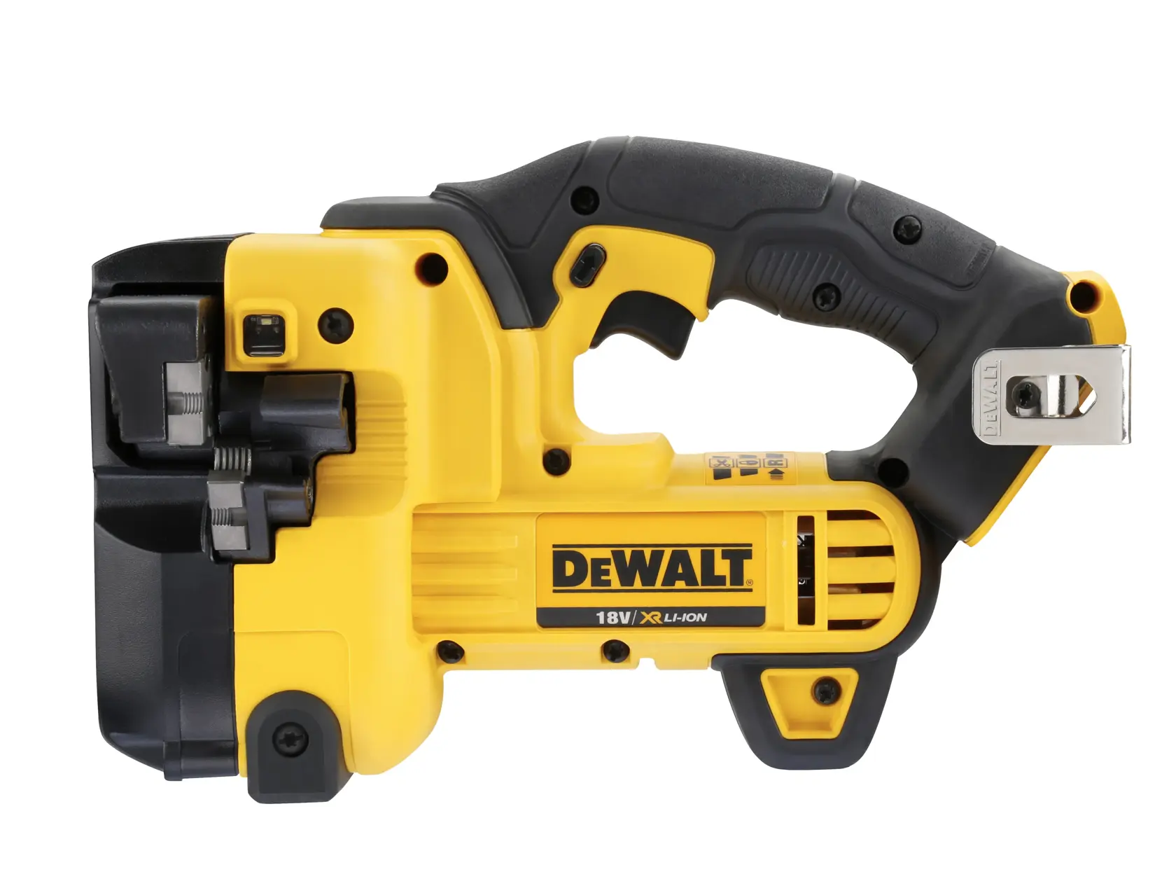 DEWALT DCS350NT 18V cordless electric pipe cutter tool, yellow and black with ergonomic handle.