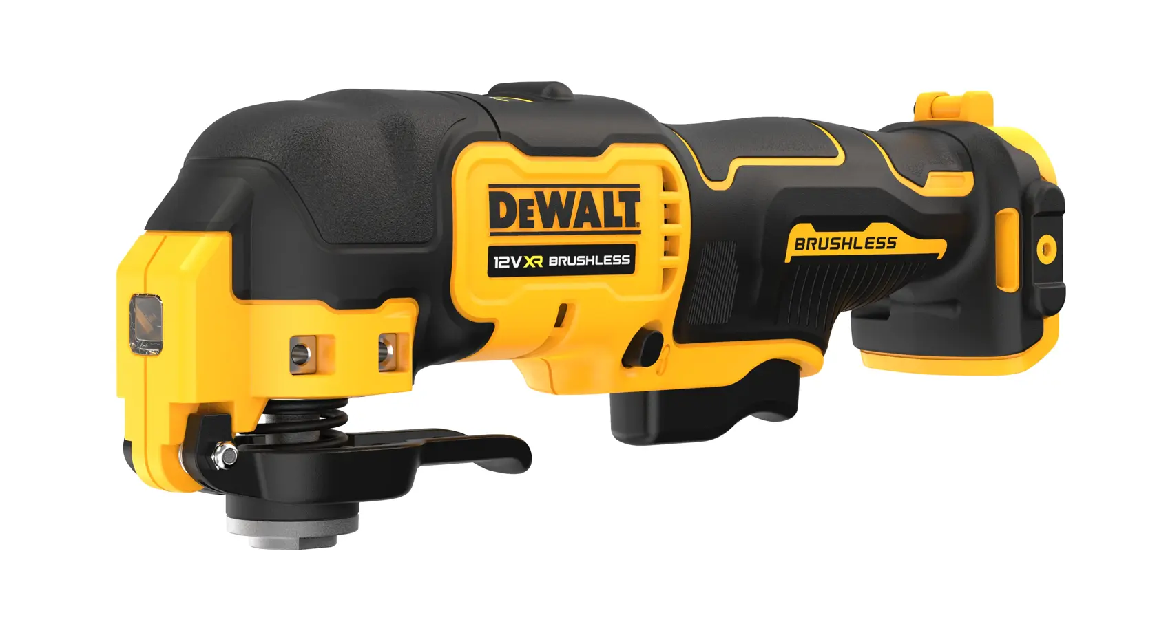DEWALT 12V XR brushless oscillating multi-tool in yellow and black, shown from the side on a white background.